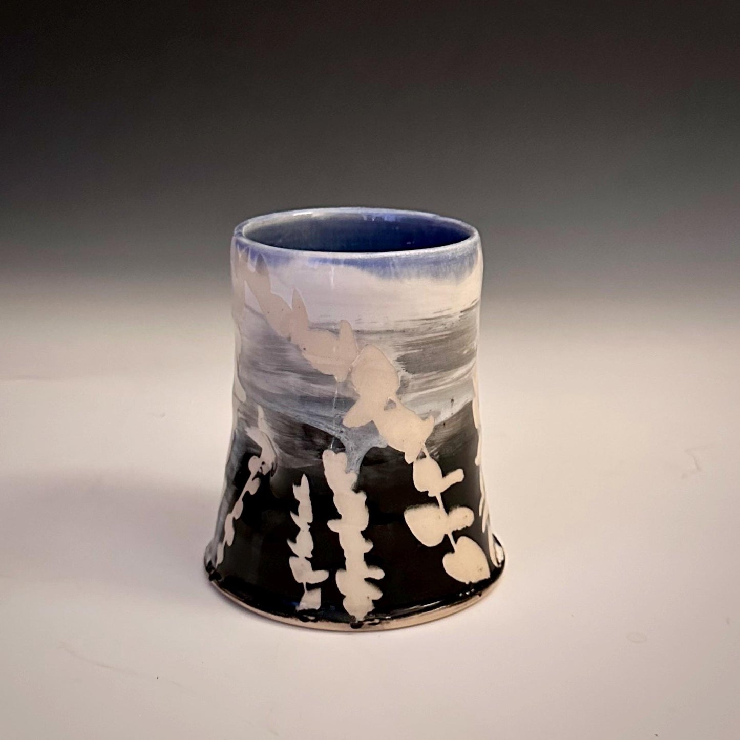 Ceramic Cup Mug Handleless Mug Stoneware Clay Cup Mug Aspen Leaves Black and White A2412