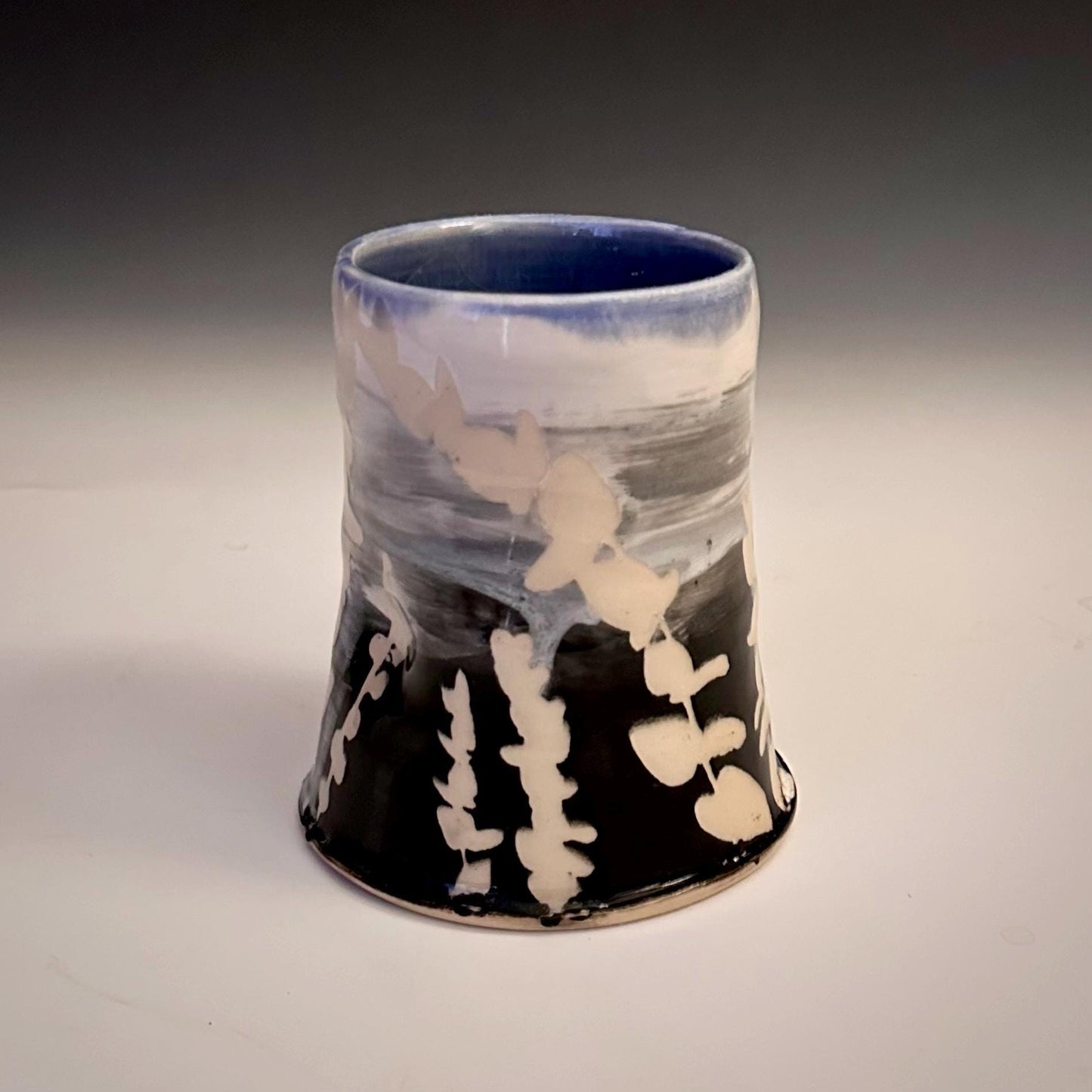 Ceramic Cup Mug Handleless Mug Stoneware Clay Cup Mug Aspen Leaves Black and White A2412
