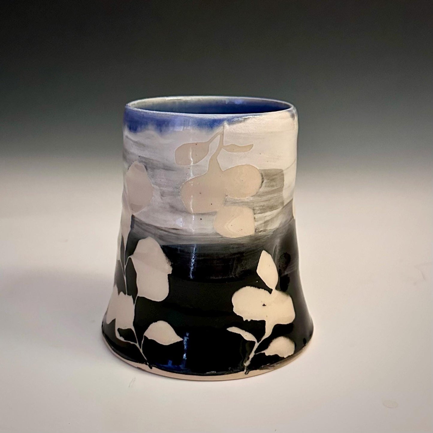 Ceramic Cup Mug Handleless Mug Stoneware Clay Cup Mug Aspen Leaves Black and White A2409