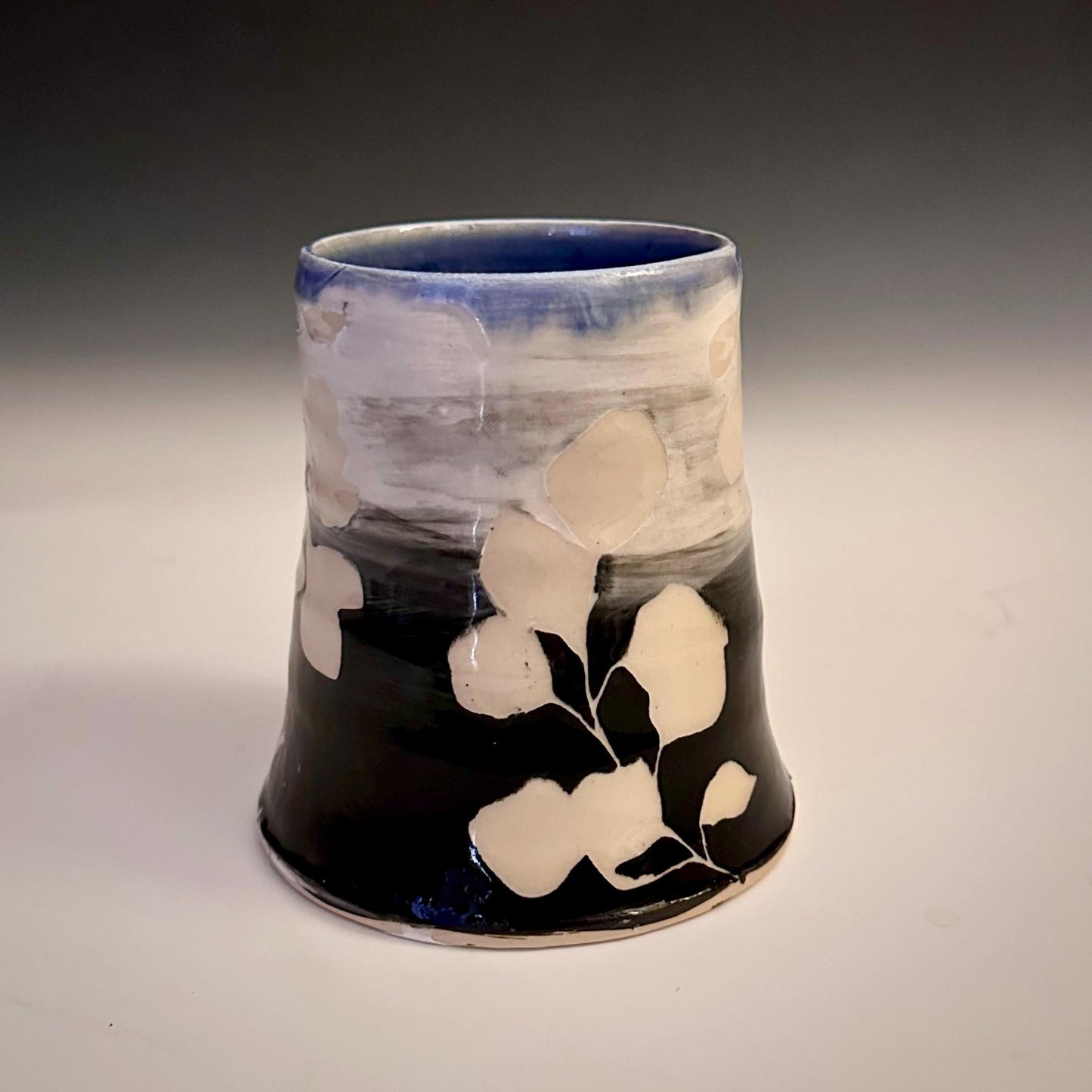 Ceramic Cup Mug Handleless Mug Stoneware Clay Cup Mug Aspen Leaves Black and White A2409