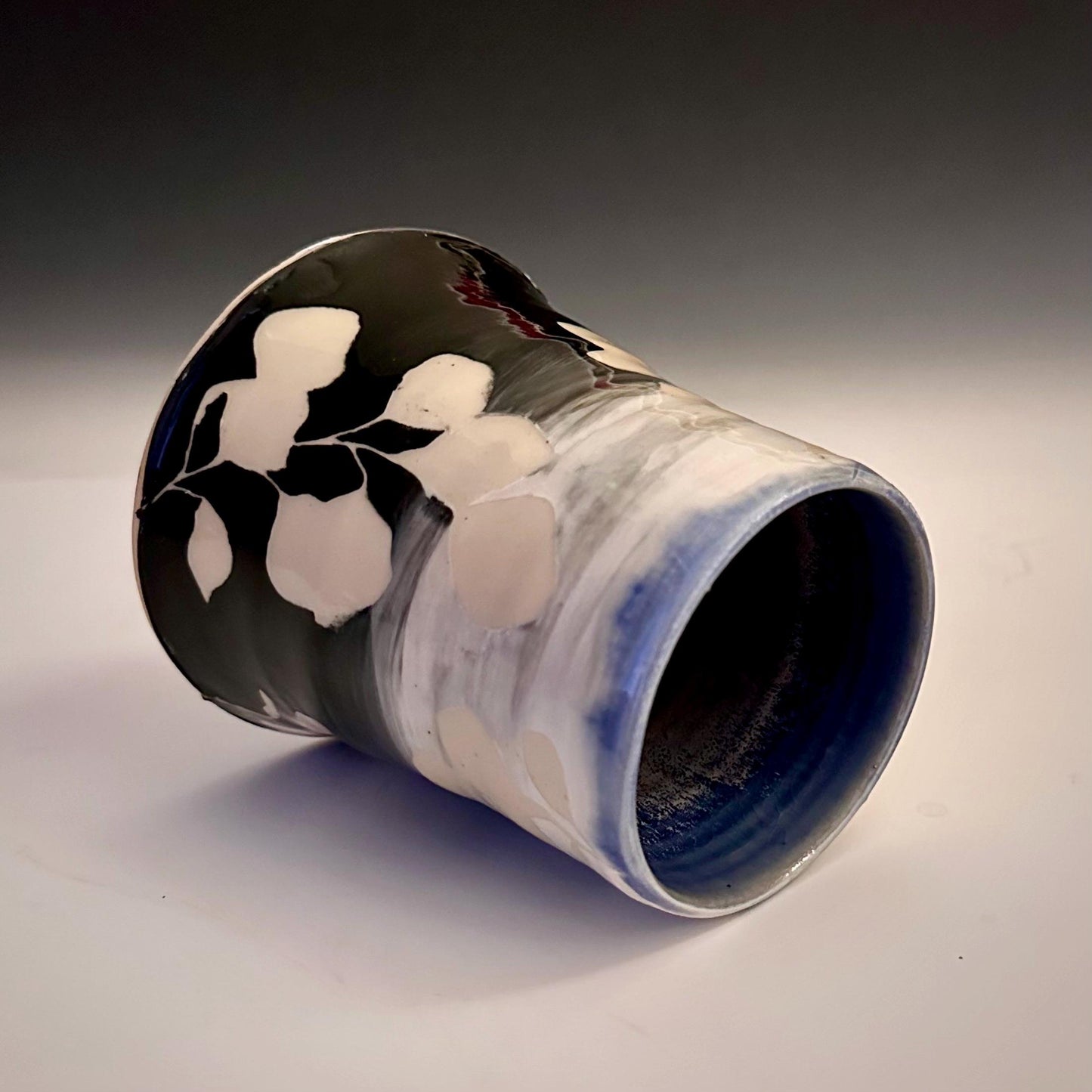 Ceramic Cup Mug Handleless Mug Stoneware Clay Cup Mug Aspen Leaves Black and White A2409