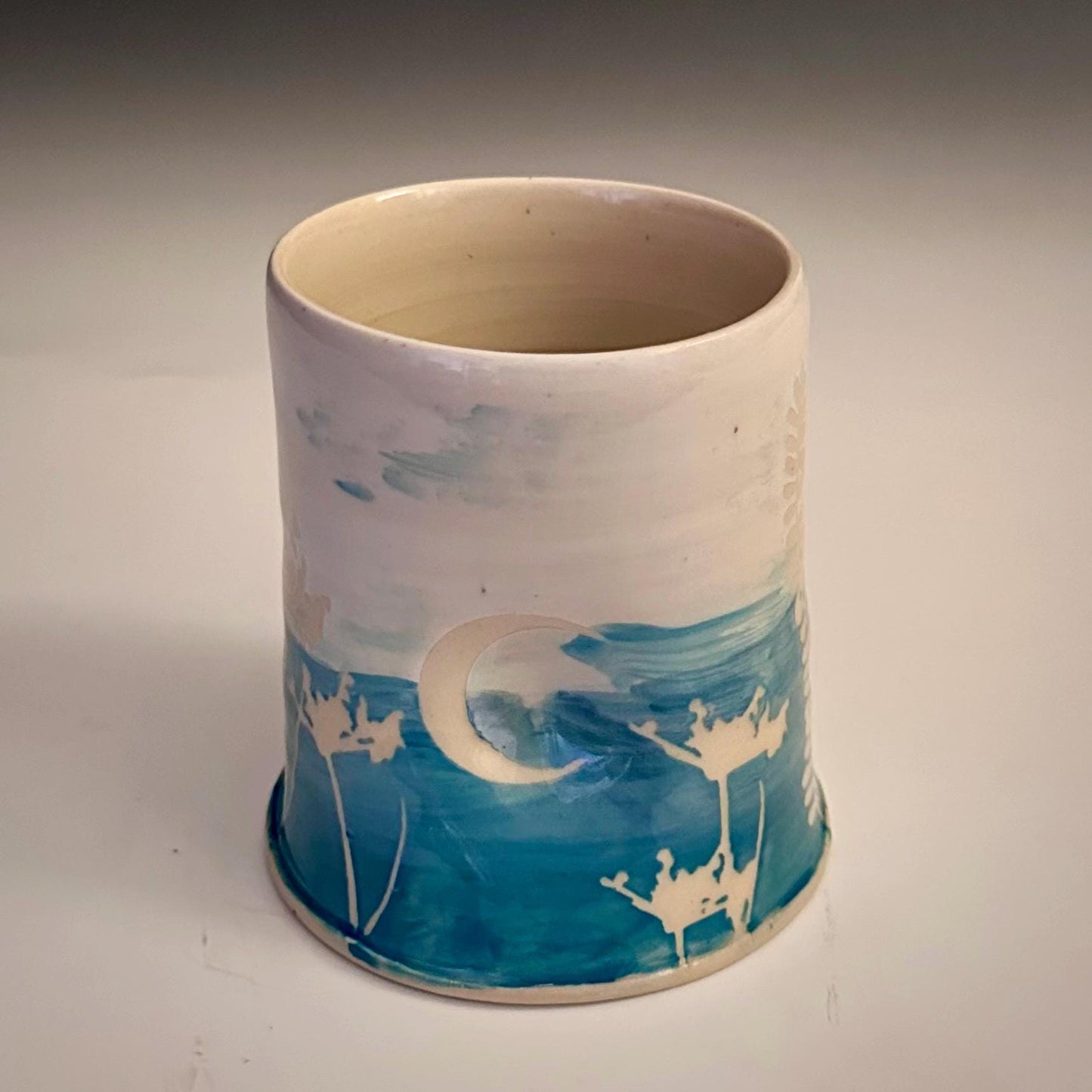 Ceramic Cup Mug Handleless Mug Stoneware Clay Cup Mug Aspen Leaves Black and White A2407