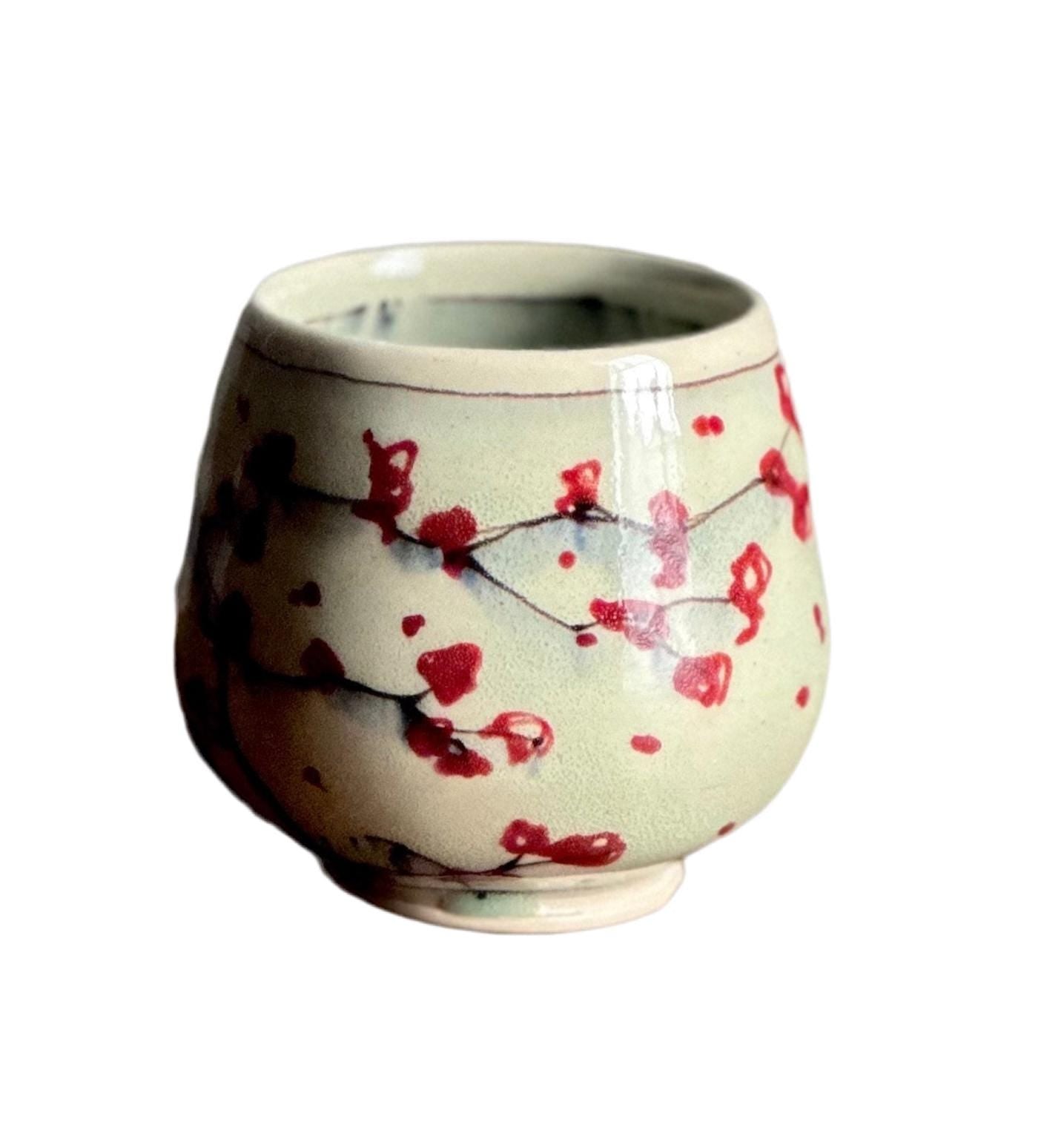 Ceramic Stoneware Cup Handleless Mug Tumbler Wine Glass Red Bird Cherry Blossom Yunomi Teacup Tumbler A2416