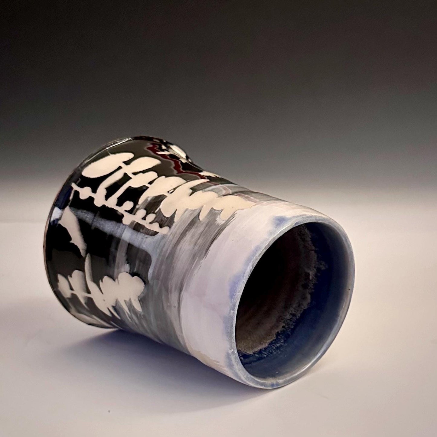 Ceramic Cup Mug Handleless Mug Stoneware Clay Cup Mug Aspen Leaves Black and White A2412