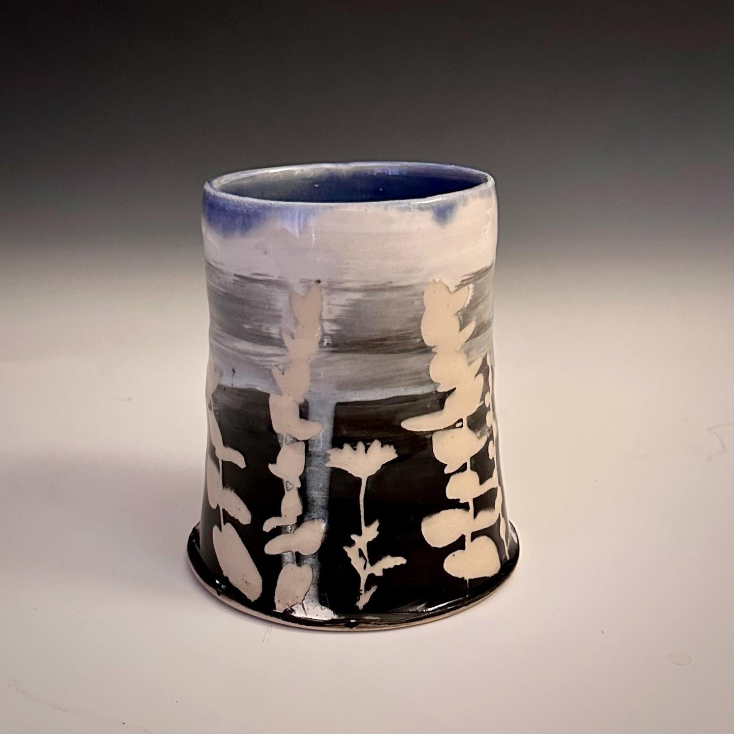 Ceramic Cup Mug Handleless Mug Stoneware Clay Cup Mug Aspen Leaves Black and White A2412