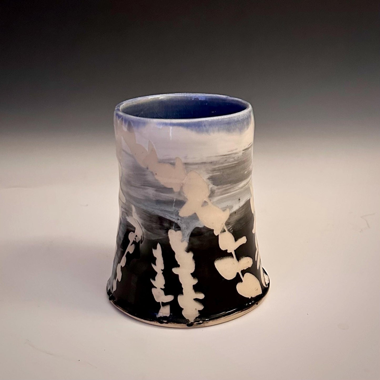 Ceramic Cup Mug Handleless Mug Stoneware Clay Cup Mug Aspen Leaves Black and White A2412