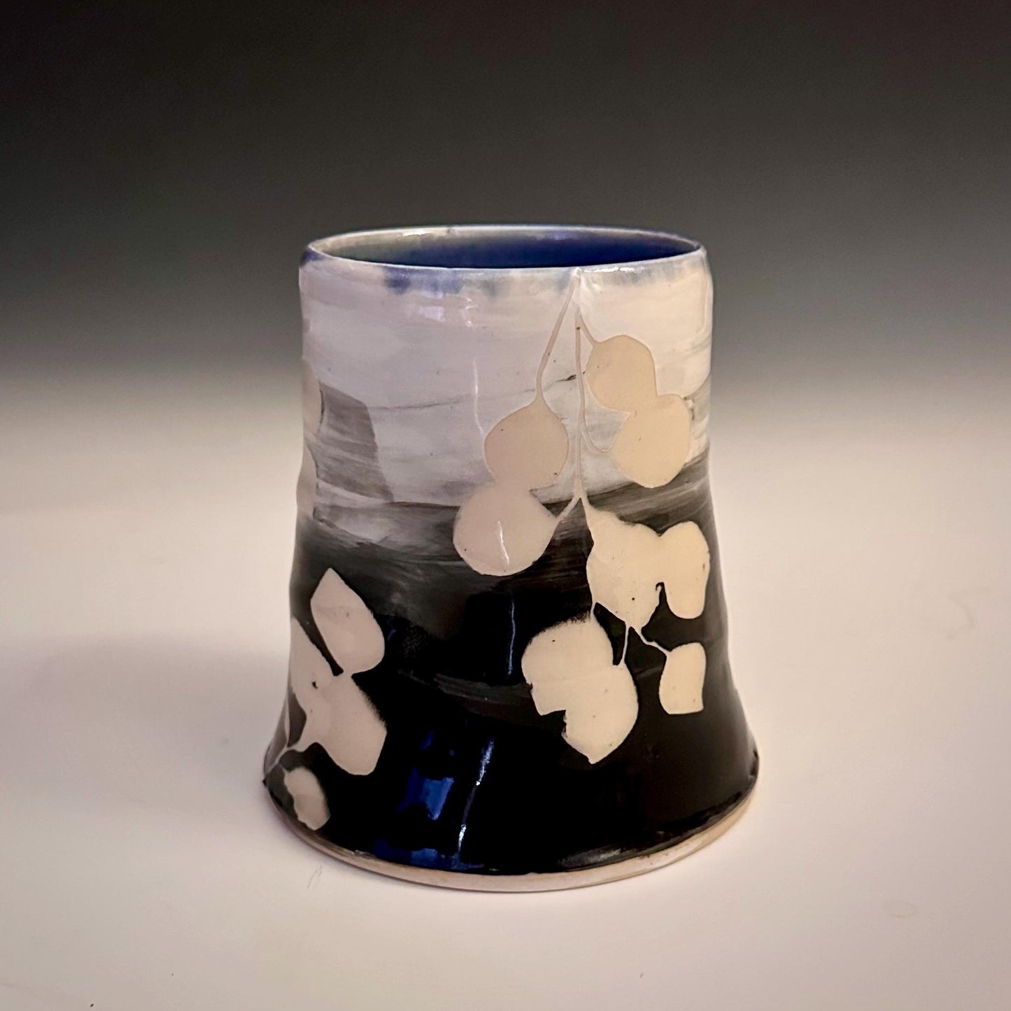 Ceramic Cup Mug Handleless Mug Stoneware Clay Cup Mug Aspen Leaves Black and White A2409