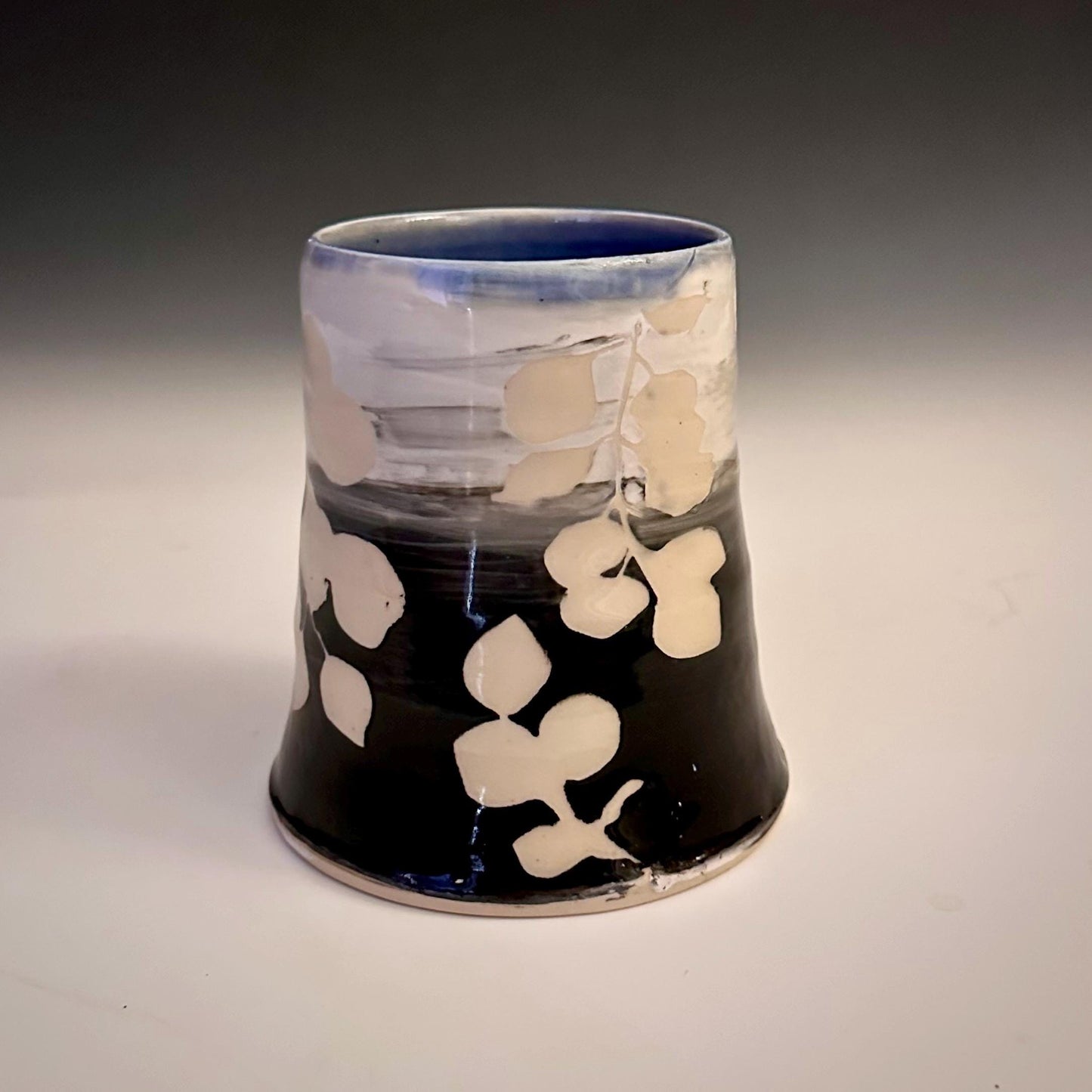Ceramic Cup Mug Handleless Mug Stoneware Clay Cup Mug Aspen Leaves Black and White A2409