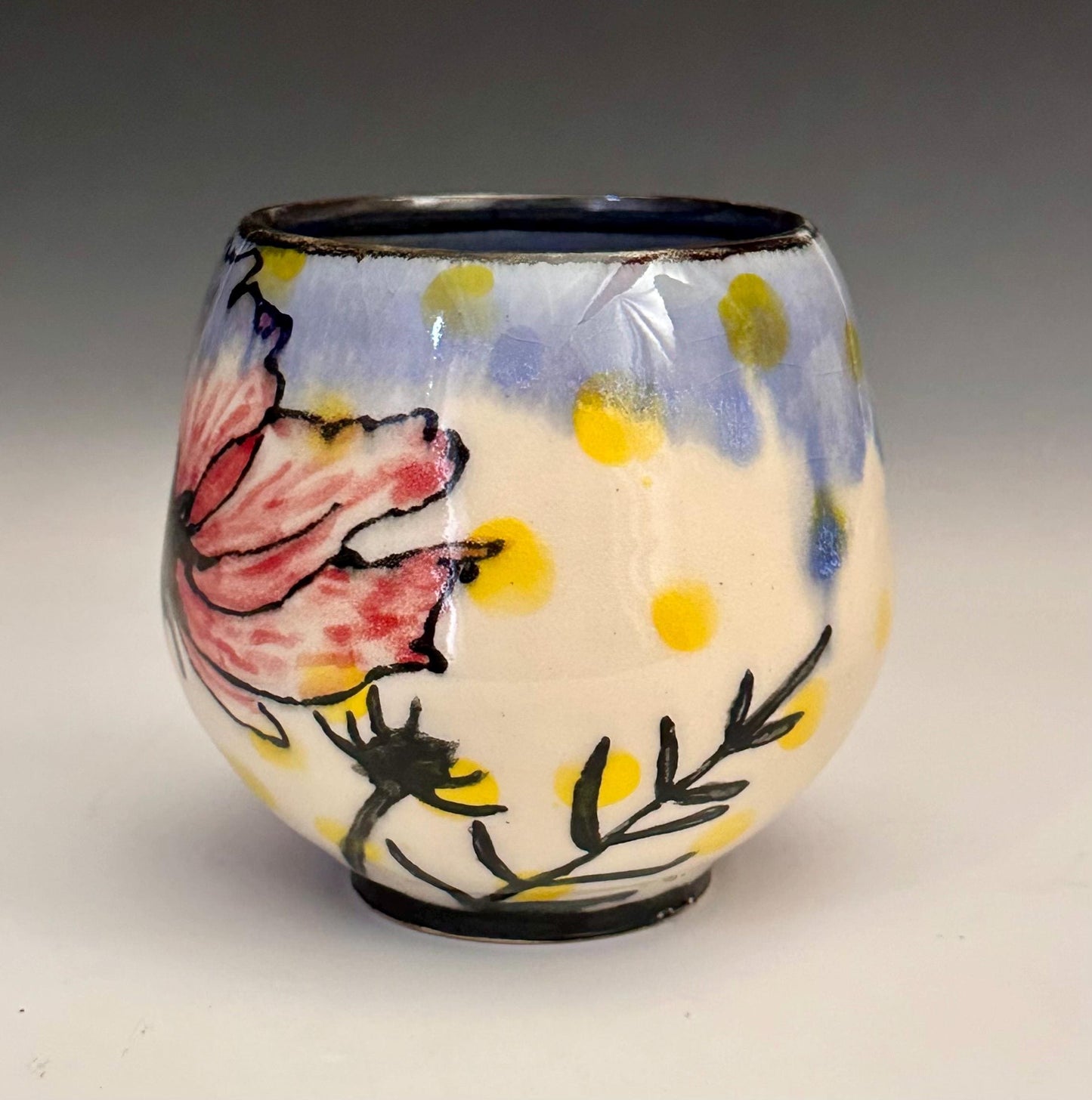 Illustrated Ceramic Cup Teacup Yunomi Wine Glass Handleless Mug Wren and Poppy Red Yolkow Polka Dot A2401