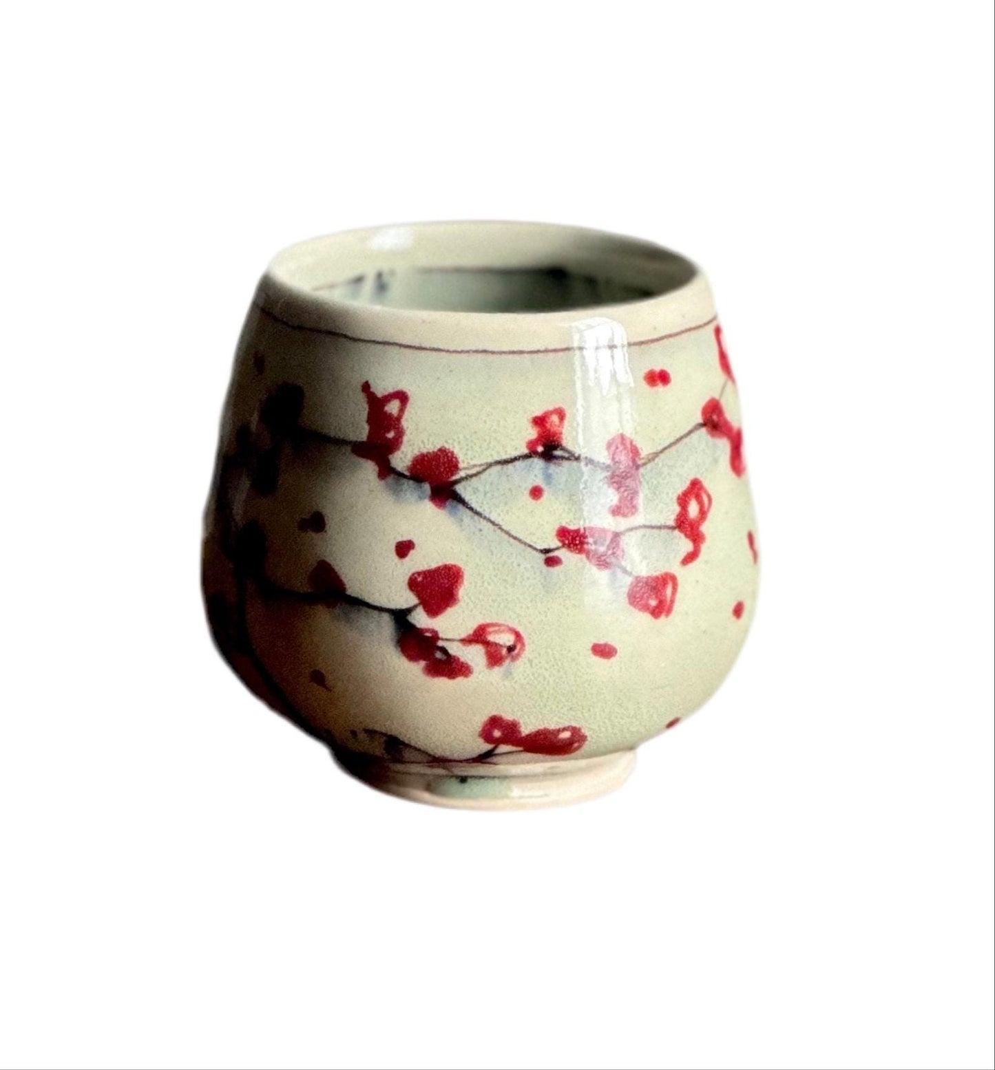 Ceramic Stoneware Cup Handleless Mug Tumbler Wine Glass Red Bird Cherry Blossom Yunomi Teacup Tumbler A2416