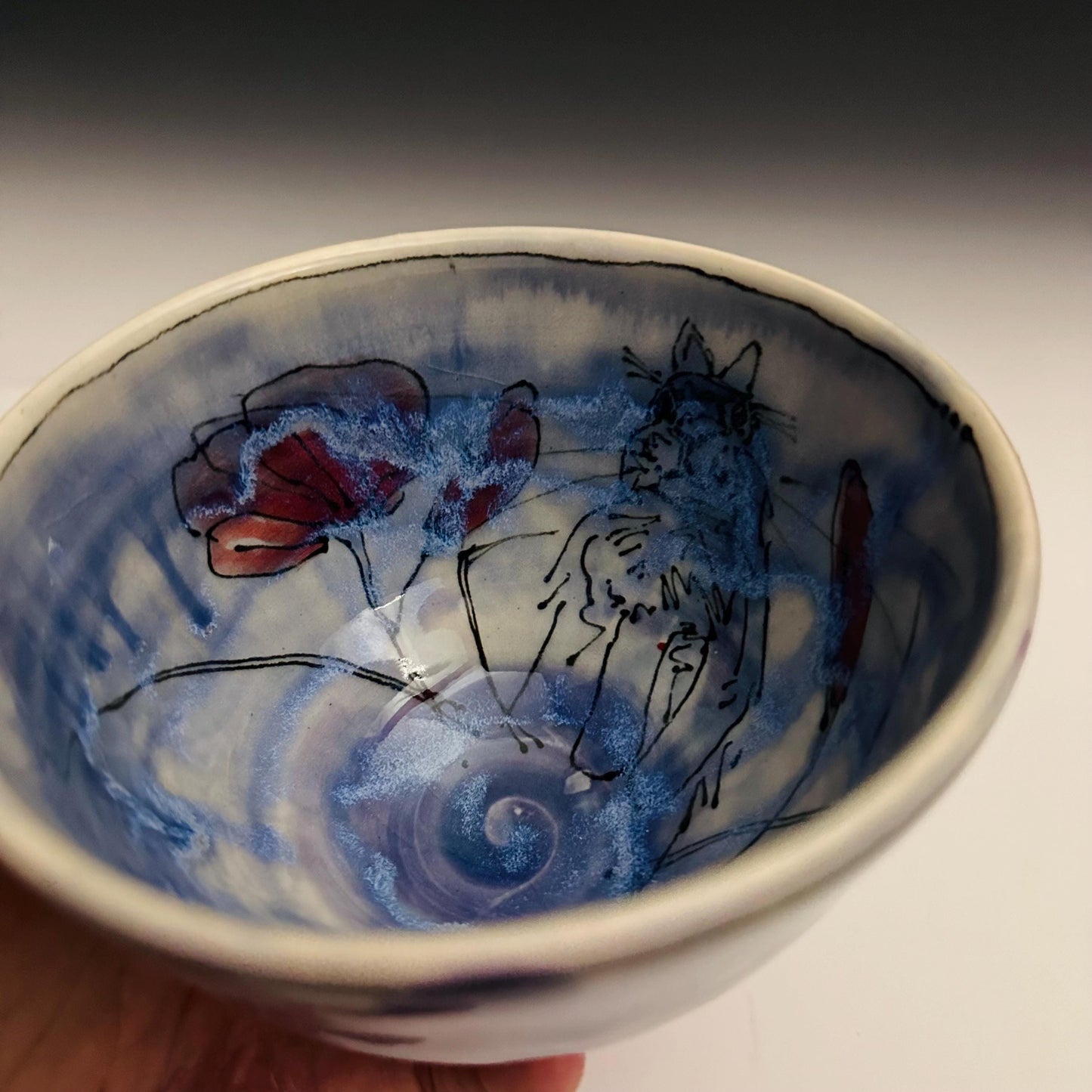 Painted Bunny Bowl Poppies and Rainy Blue Glaze Ceramic Bowl oct012