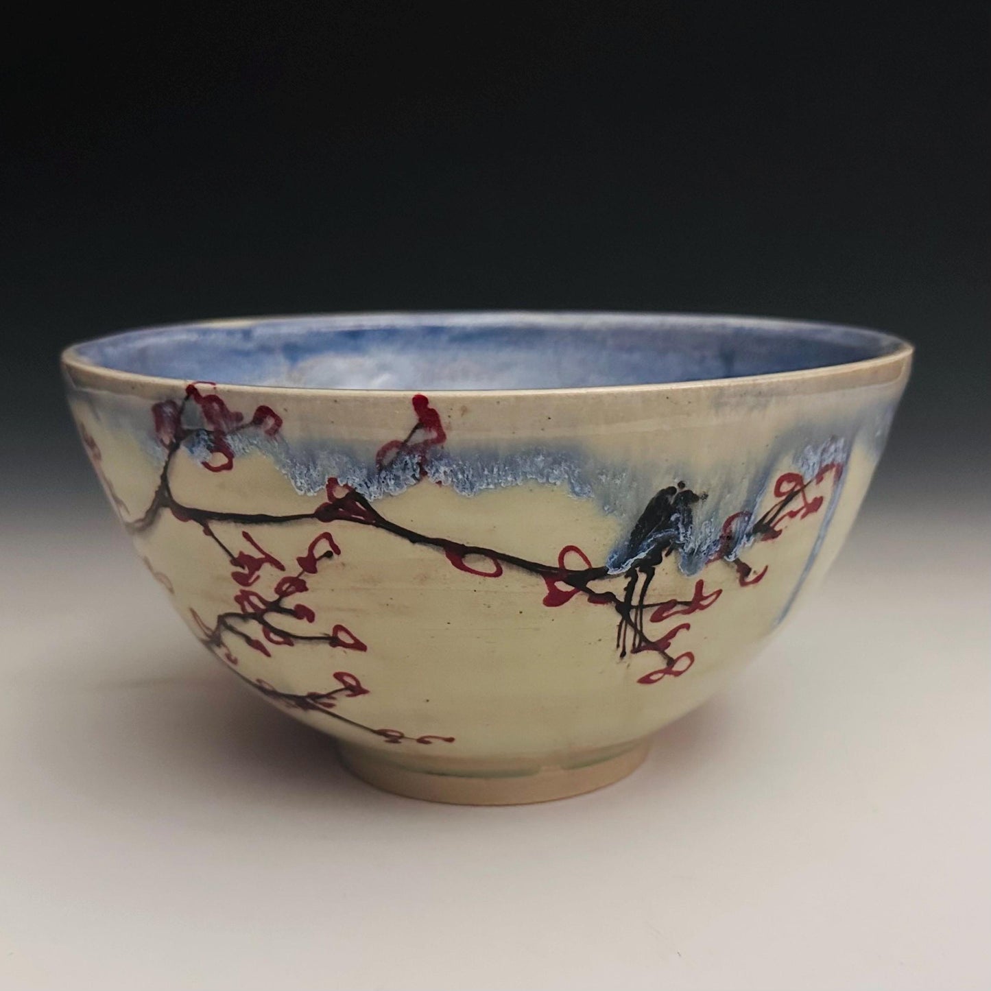 Large Serving Bowl, Cherry Blossom Design Blue Glaze Fruit Bowl Oct020