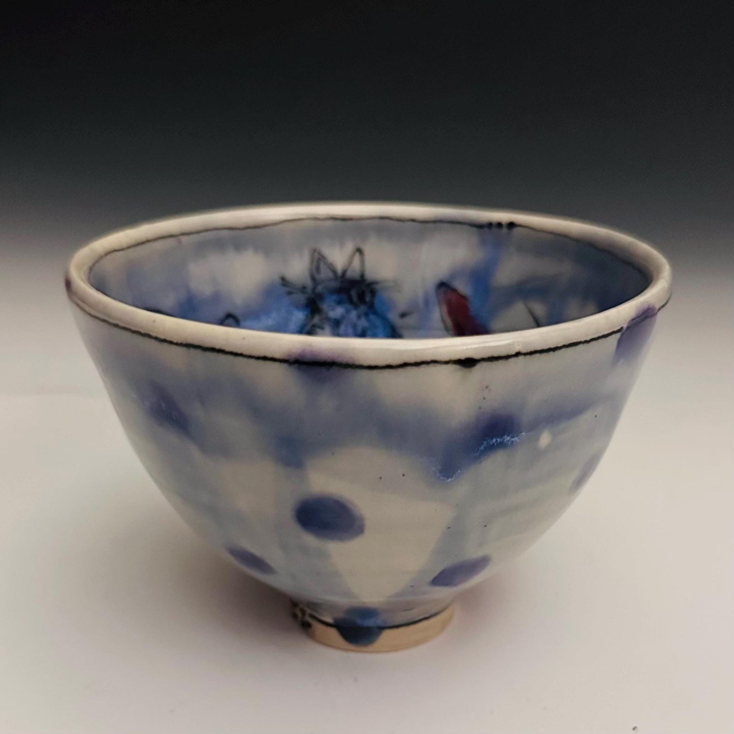 Painted Bunny Bowl Poppies and Rainy Blue Glaze Ceramic Bowl oct012