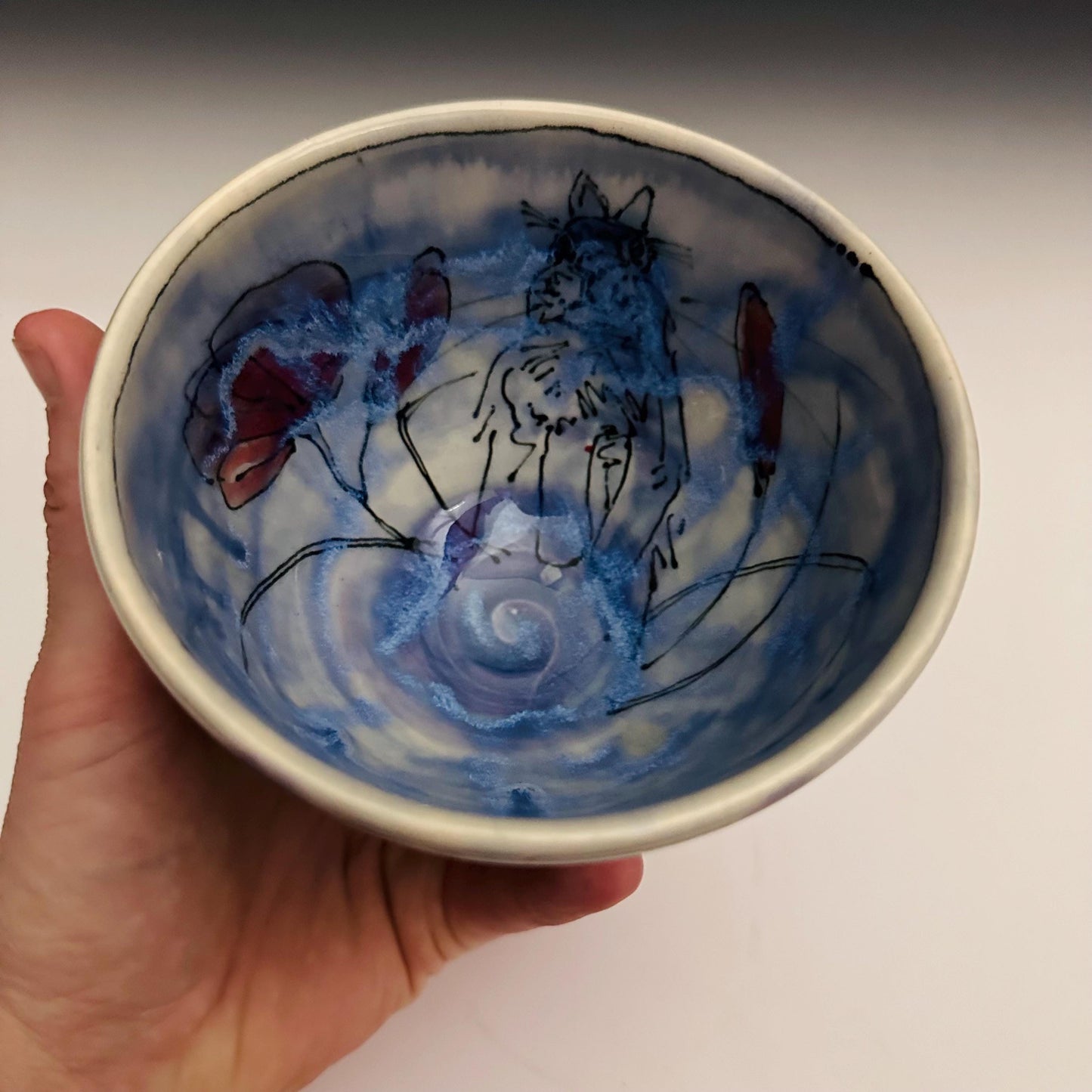 Painted Bunny Bowl Poppies and Rainy Blue Glaze Ceramic Bowl oct012