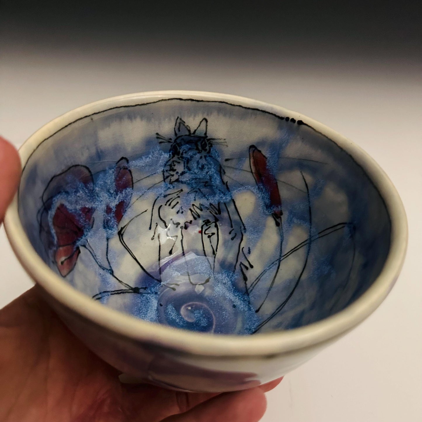 Painted Bunny Bowl Poppies and Rainy Blue Glaze Ceramic Bowl oct012