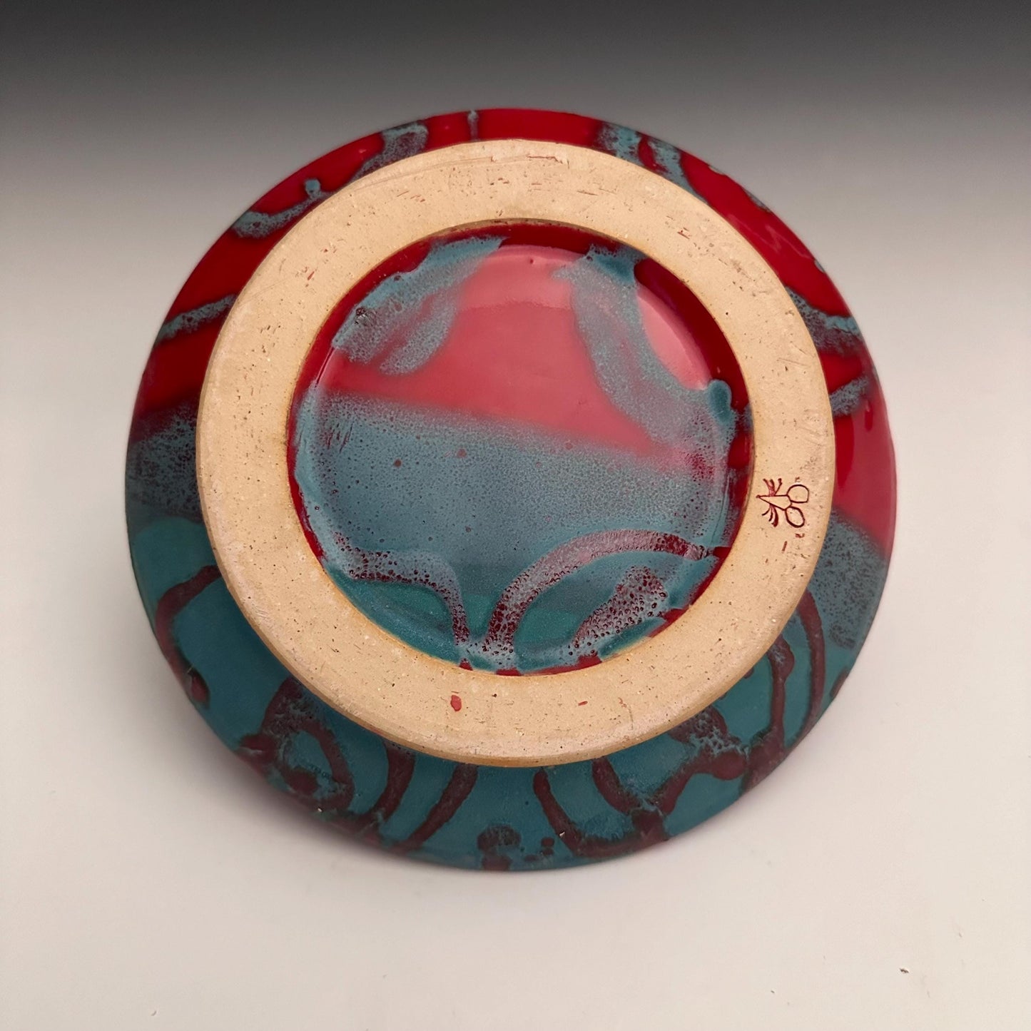 Handmade Stoneware Plate Red and Turquoise 69D