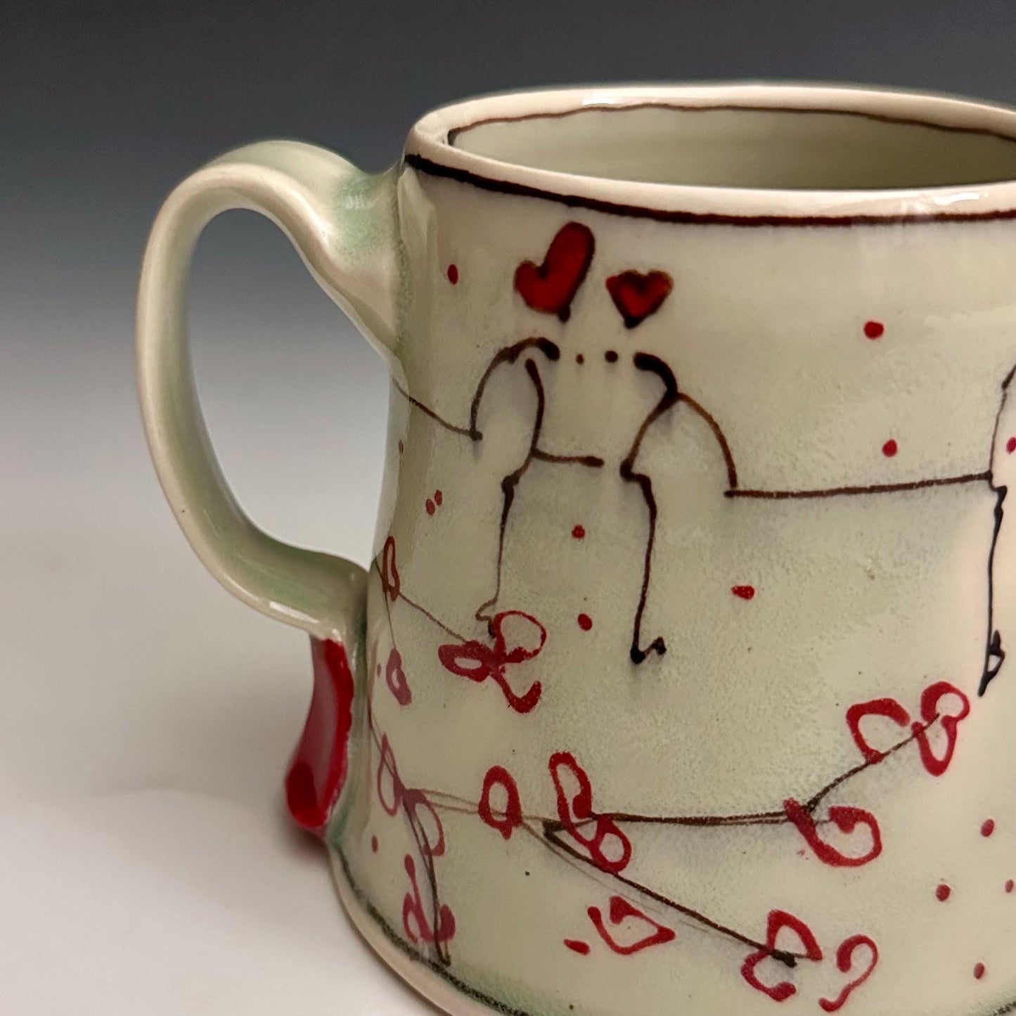 Little Bird on a Wire Love Coffee Cup Stoneware Mug Handmade Pottery Mug Red Cherry Blossom Polka Dots NO301