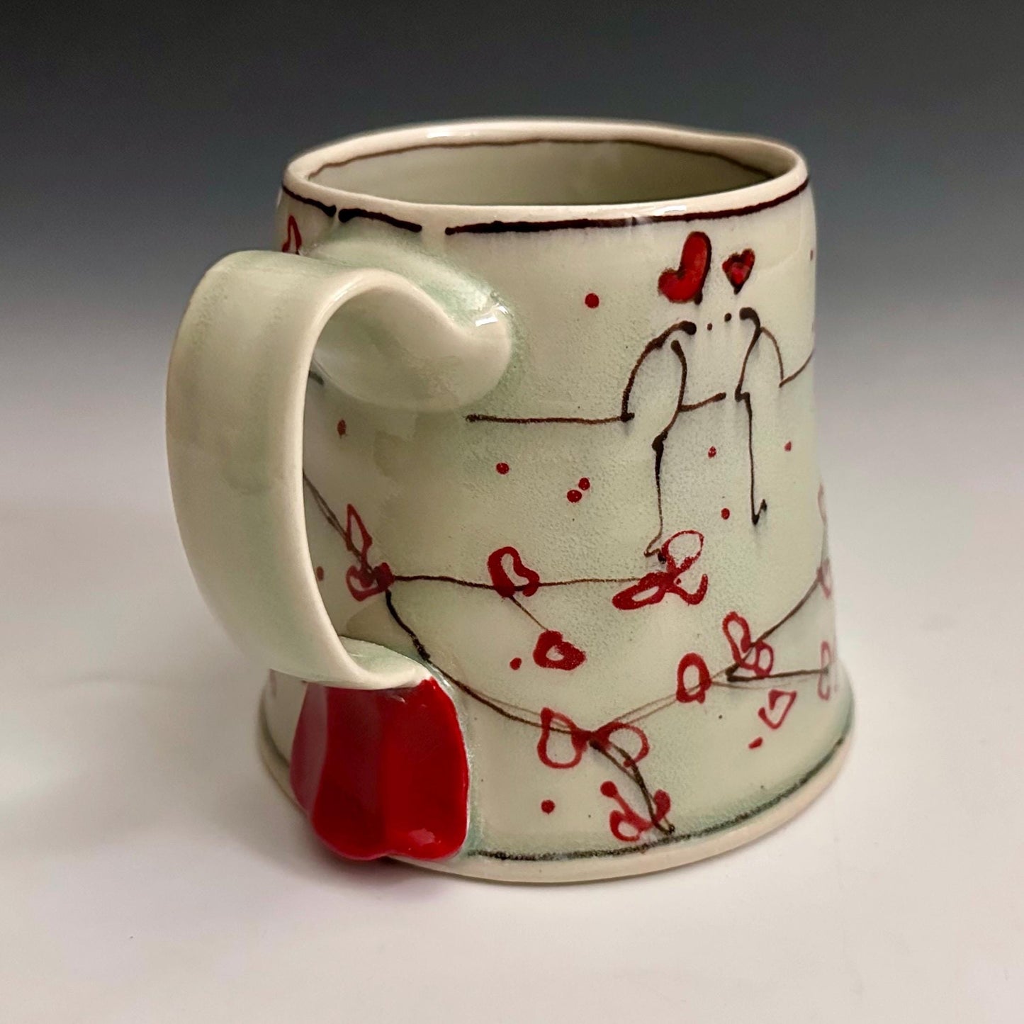 Little Bird on a Wire Love Coffee Cup Stoneware Mug Handmade Pottery Mug Red Cherry Blossom Polka Dots NO301