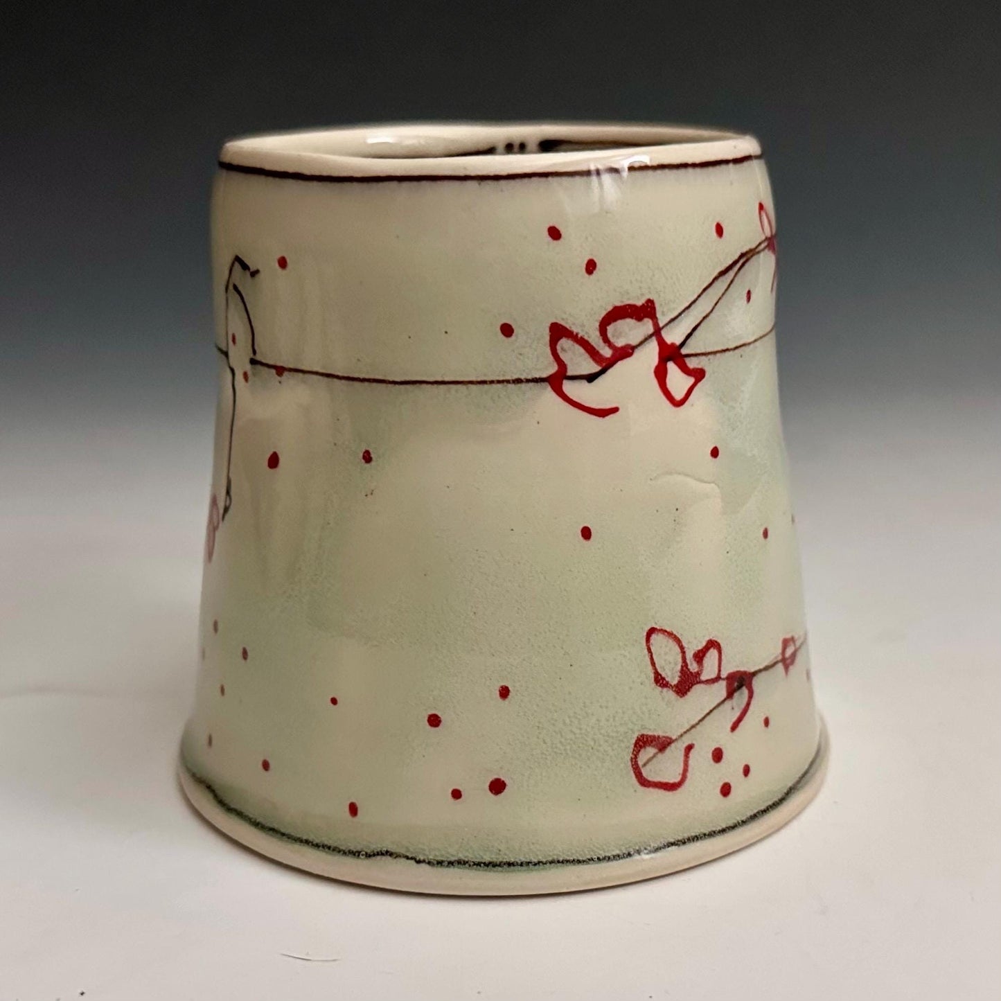 Little Bird on a Wire Love Coffee Cup Stoneware Mug Handmade Pottery Mug Red Cherry Blossom Polka Dots NO301