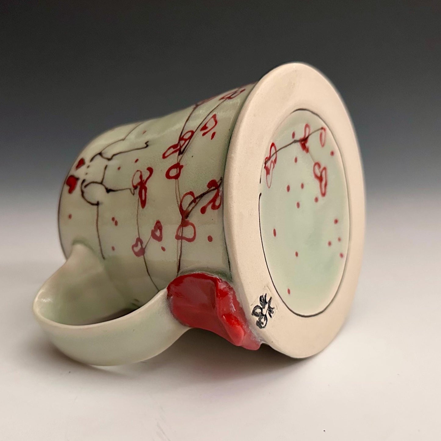 Little Bird on a Wire Love Coffee Cup Stoneware Mug Handmade Pottery Mug Red Cherry Blossom Polka Dots NO301