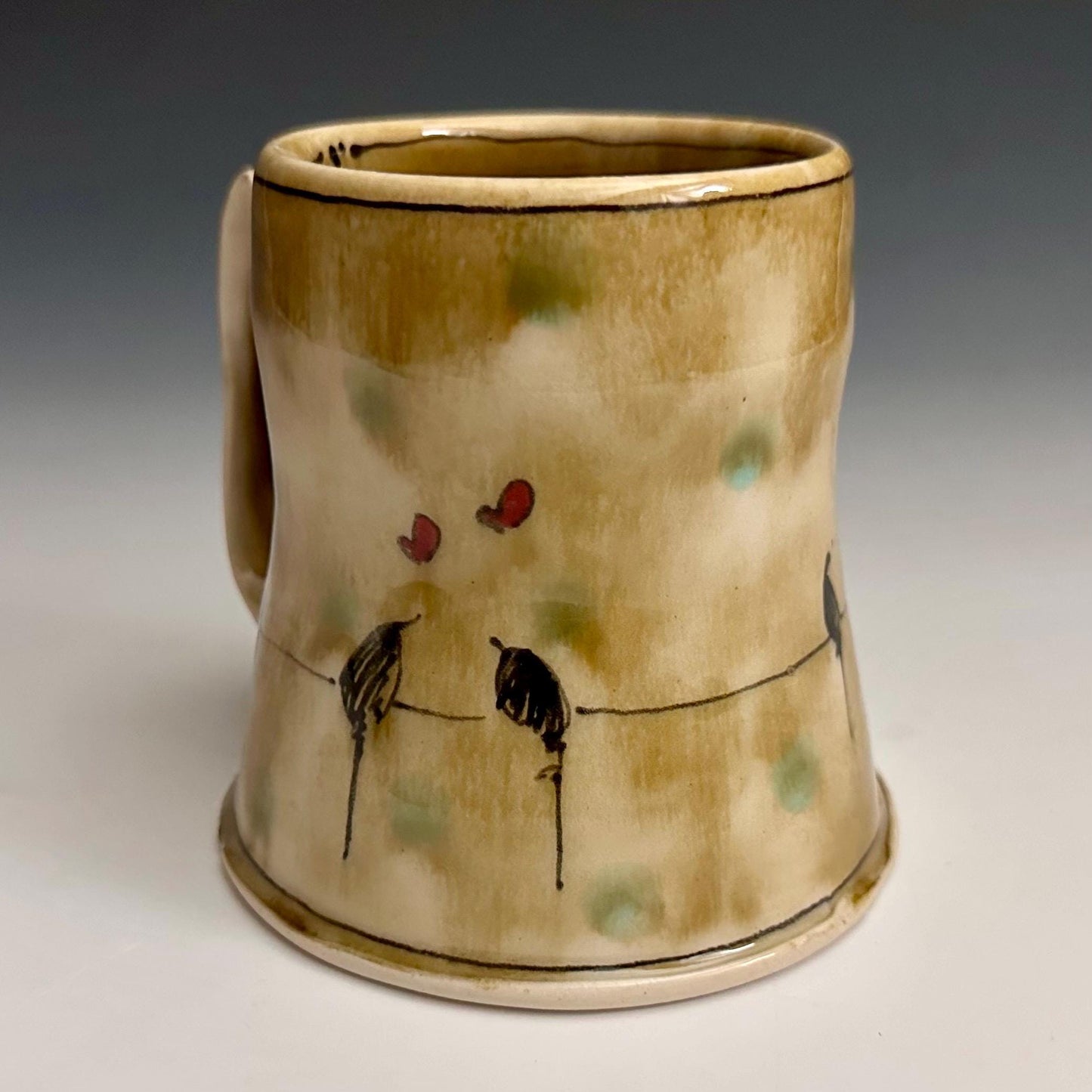 Little Bird on a Wire Love Coffee Cup Stoneware Mug Handmade Pottery Mug Red Cherry Blossom Polka Dots NO301
