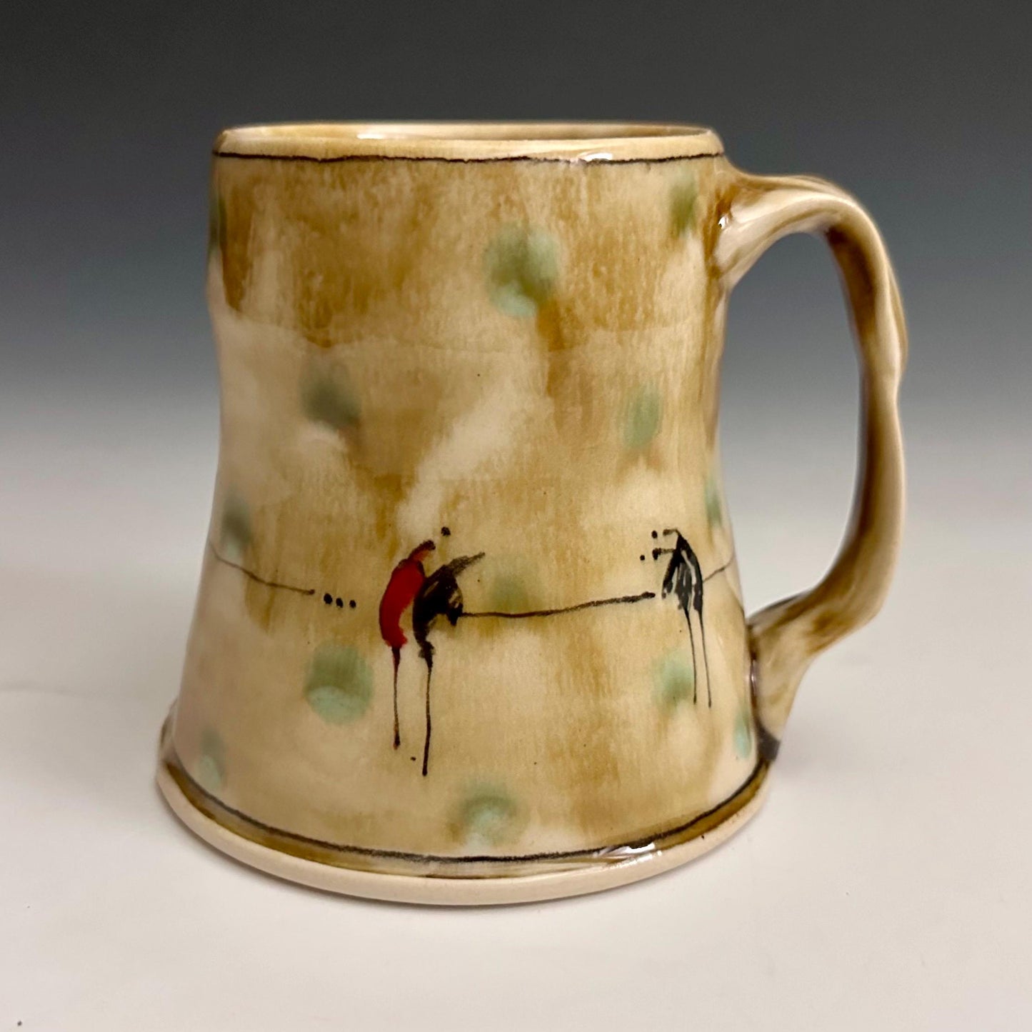 Little Bird on a Wire Love Coffee Cup Stoneware Mug Handmade Pottery Mug Red Cherry Blossom Polka Dots NO301
