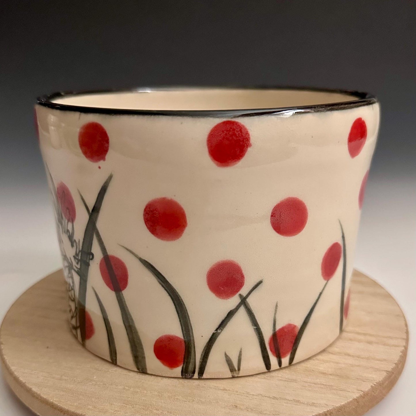 Pottery Planter Bunny in the Grass and Pink Dots Handmade Planter Pot