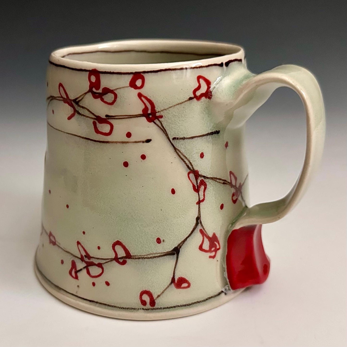 Little Bird on a Wire Love Coffee Cup Stoneware Mug Handmade Pottery Mug Red Cherry Blossom Polka Dots NO301