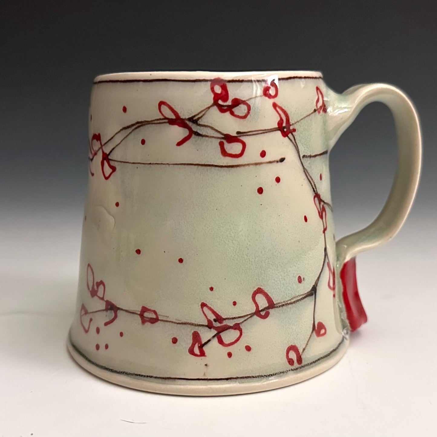 Little Bird on a Wire Love Coffee Cup Stoneware Mug Handmade Pottery Mug Red Cherry Blossom Polka Dots NO301