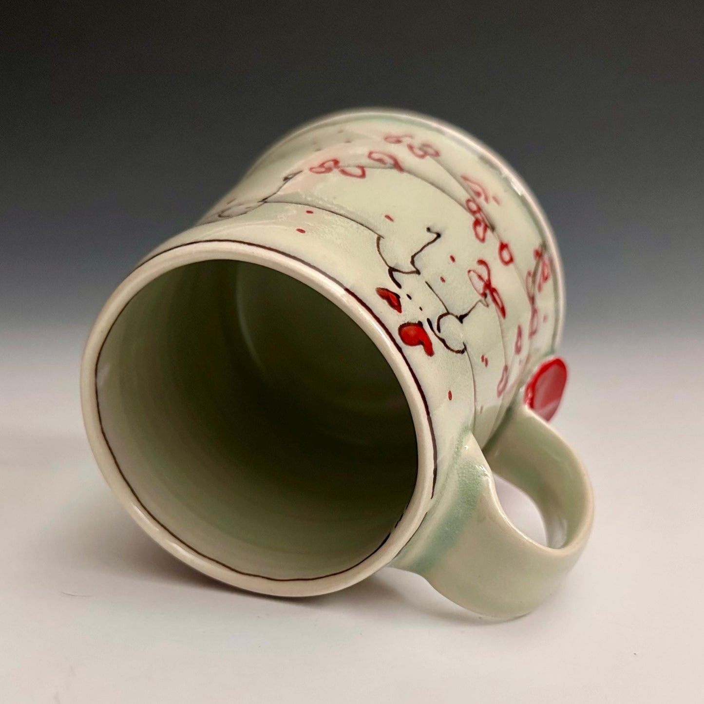 Little Bird on a Wire Love Coffee Cup Stoneware Mug Handmade Pottery Mug Red Cherry Blossom Polka Dots NO301