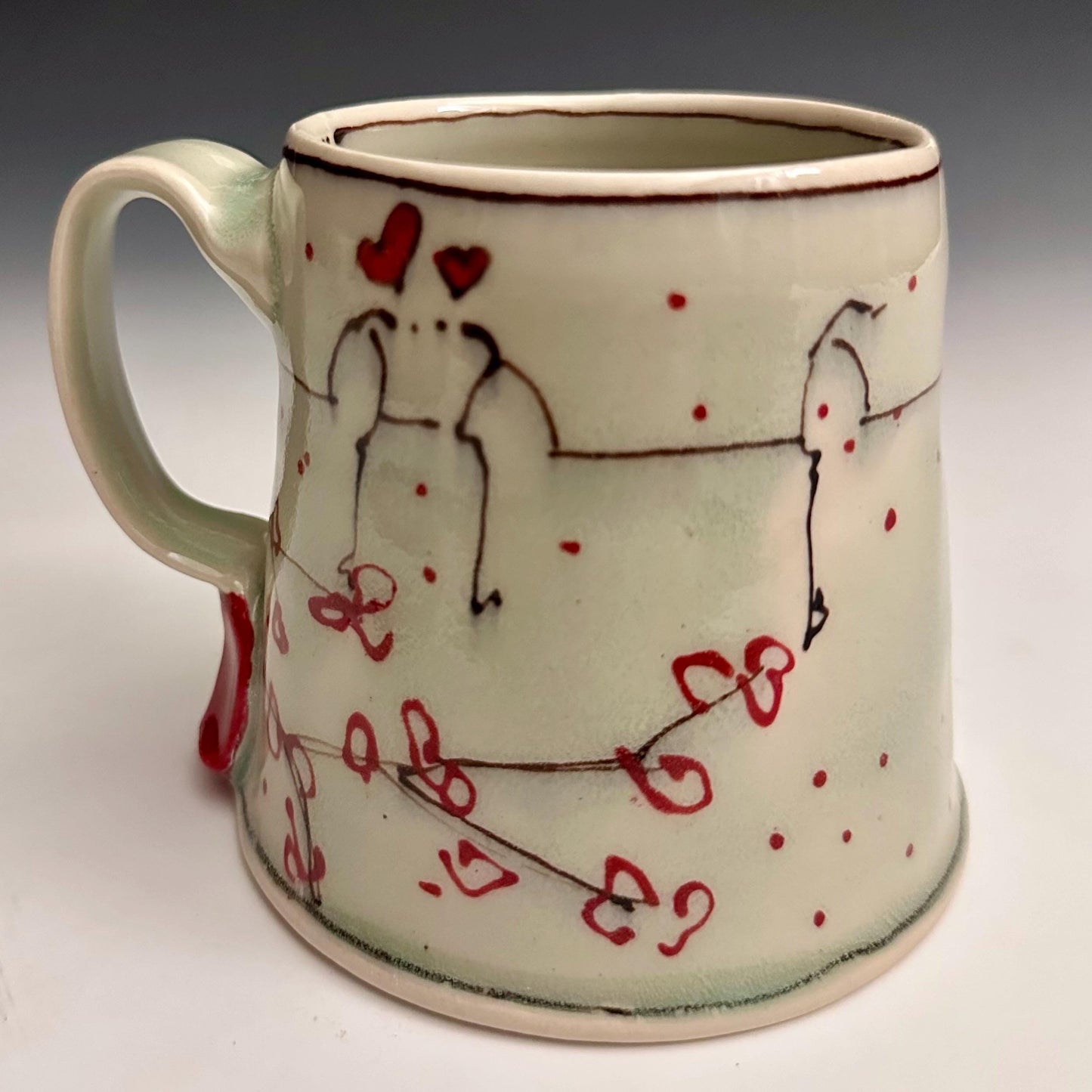 Little Bird on a Wire Love Coffee Cup Stoneware Mug Handmade Pottery Mug Red Cherry Blossom Polka Dots NO301