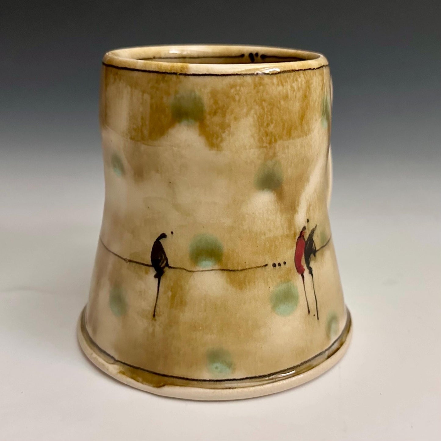 Little Bird on a Wire Love Coffee Cup Stoneware Mug Handmade Pottery Mug Red Cherry Blossom Polka Dots NO301
