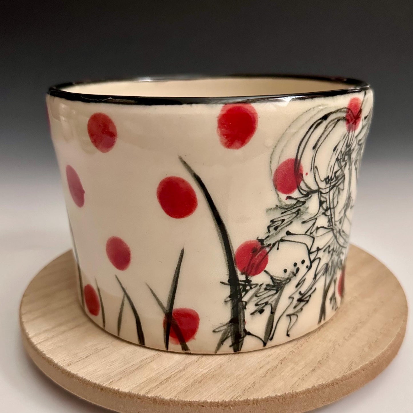 Pottery Planter Bunny in the Grass and Pink Dots Handmade Planter Pot