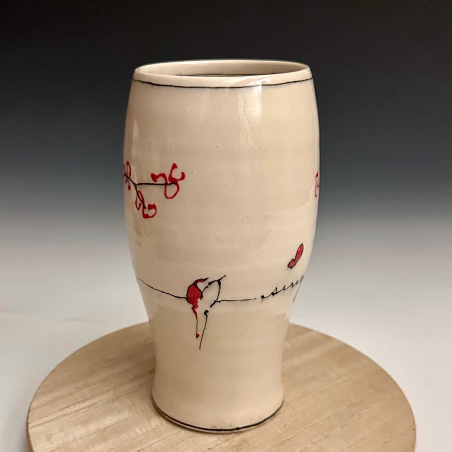 Cherry Blossom Pottery Glass Cup Bird on a Wire NO319