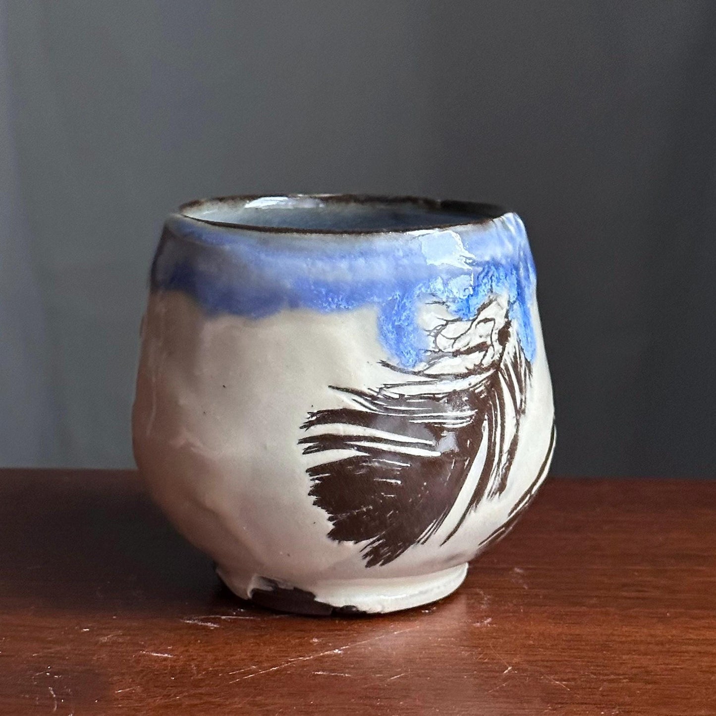 Feathers Cup Yunomi Handleless Mug Blue A101