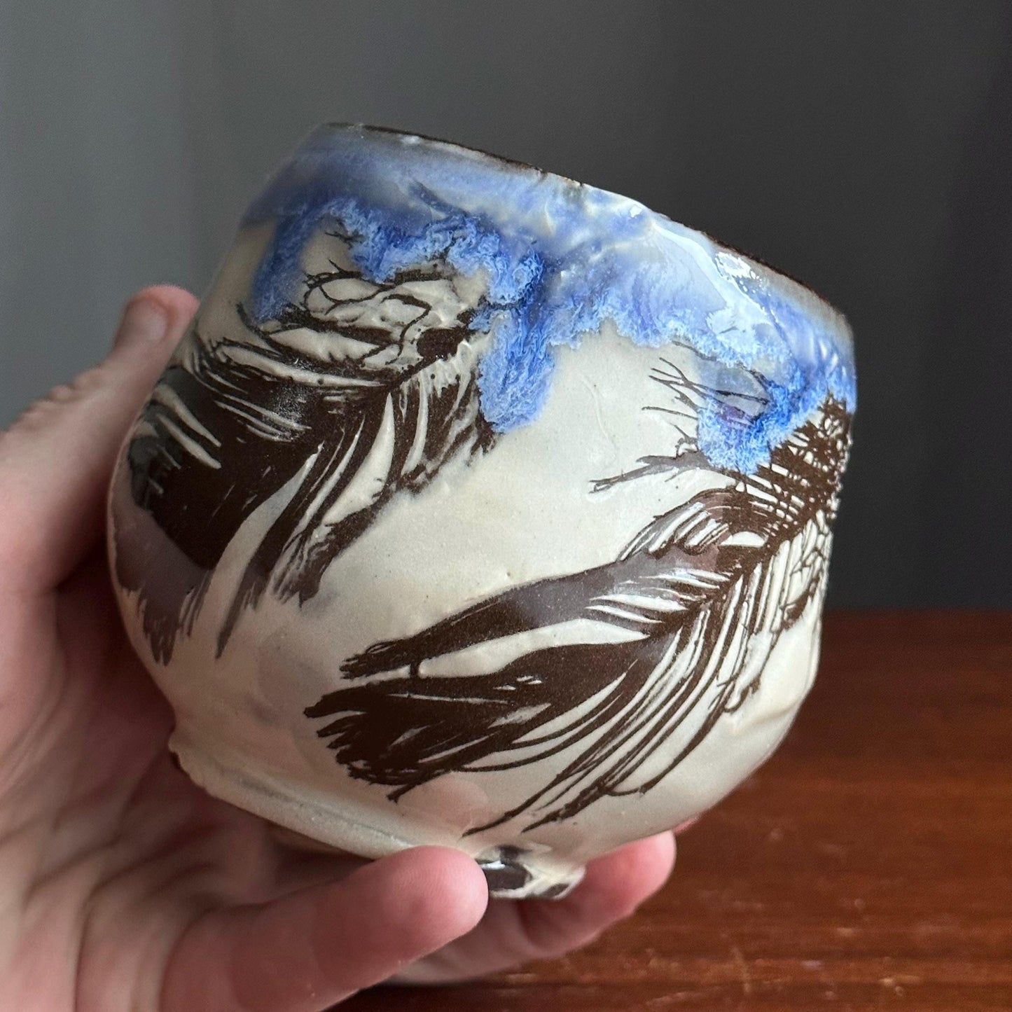 Feathers Cup Yunomi Handleless Mug Blue A101