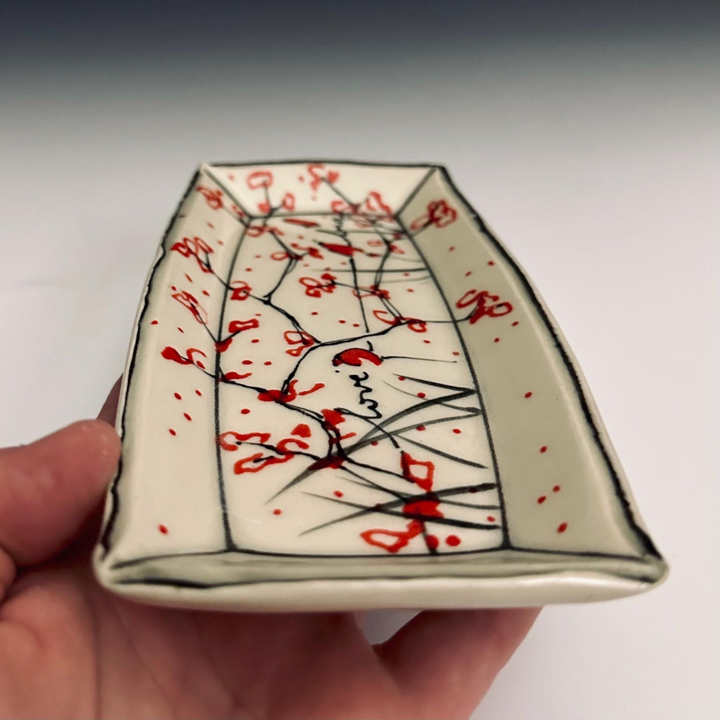 Pottery Tray Ceramic Trinket Dish Cherry Blossom and Bird Red Flowers Love Big