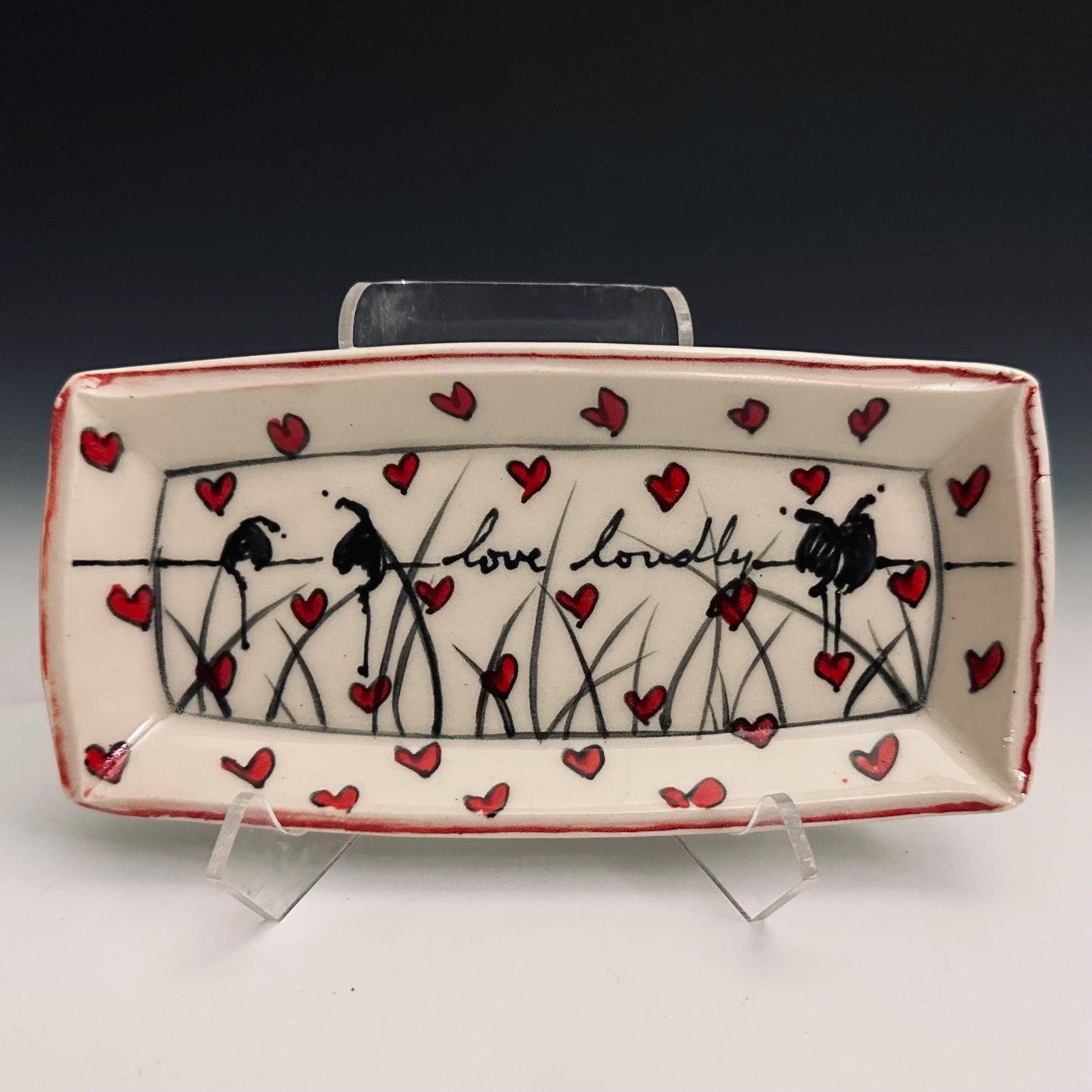 Pottery Tray Ceramic Trinket Dish Cherry Blossom and Bird Red Flowers