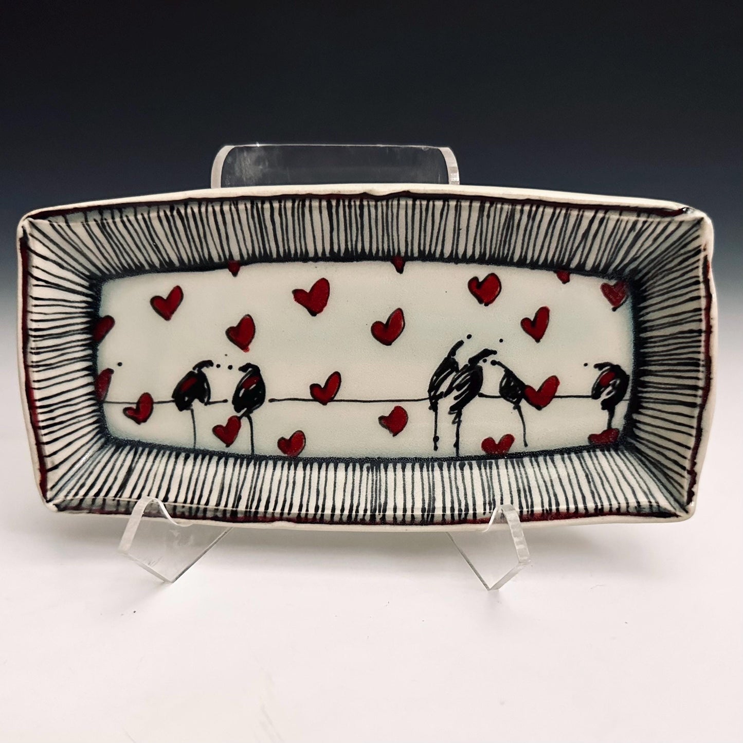 Pottery Tray Ceramic Trinket Dish Bird on a Wire Pinstripes and Hearts Reftangular Plate