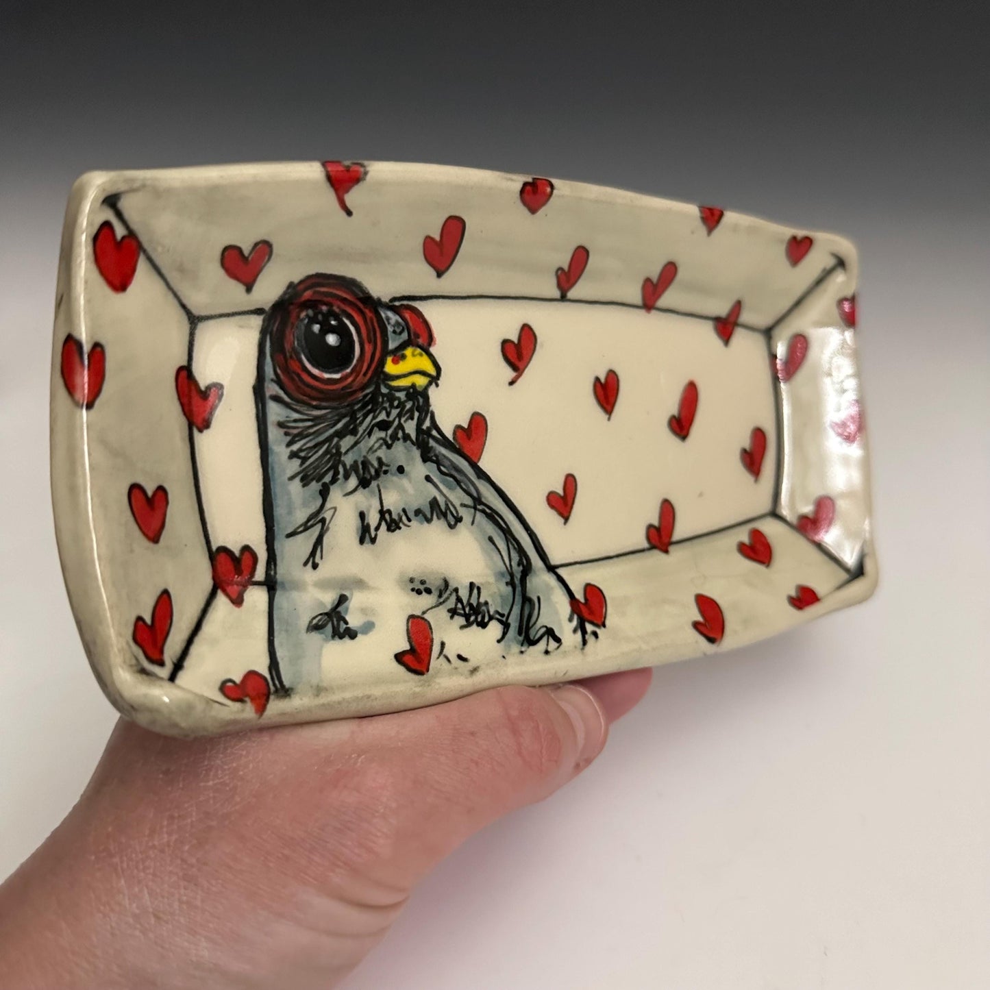 Pottery Tray Ceramic Trinket Dish Bird Pigeon and Red Hearts Rectangular Plate