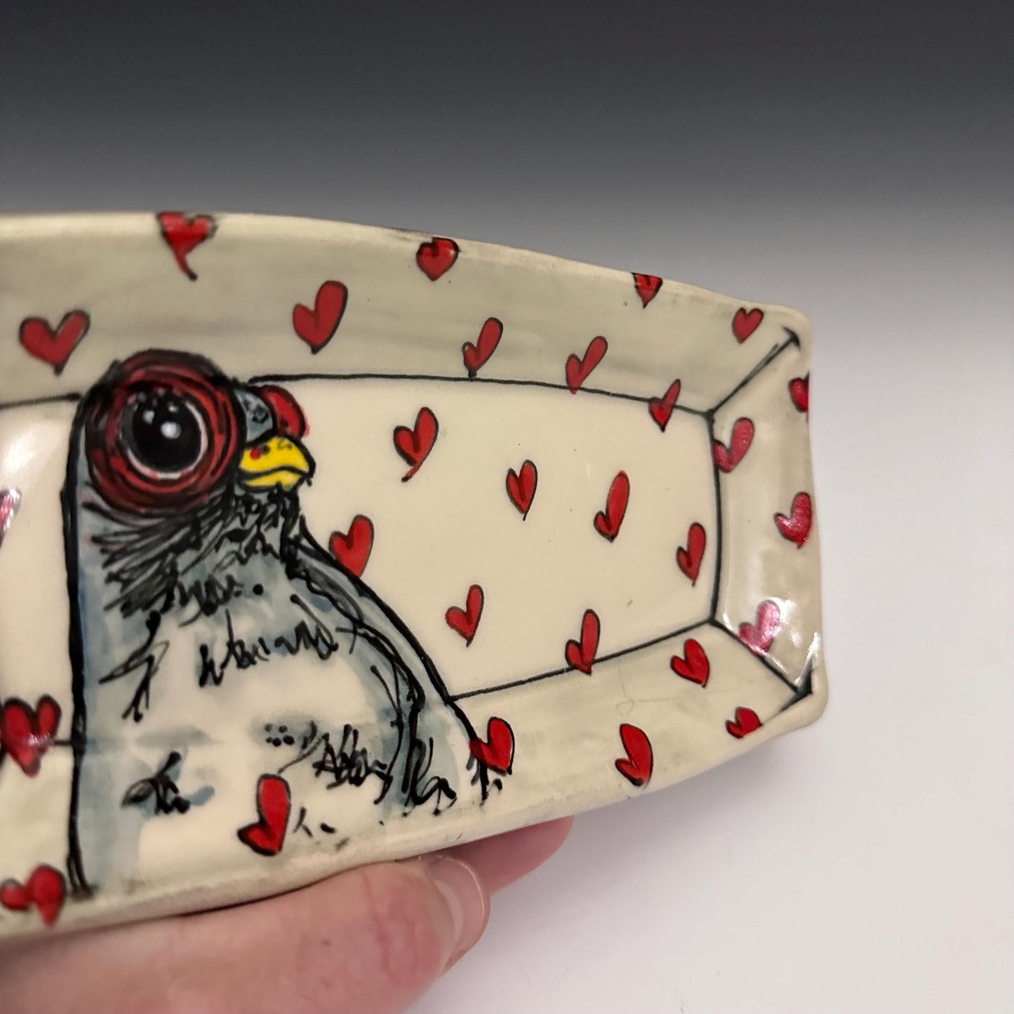 Pottery Tray Ceramic Trinket Dish Bird Pigeon and Red Hearts Rectangular Plate