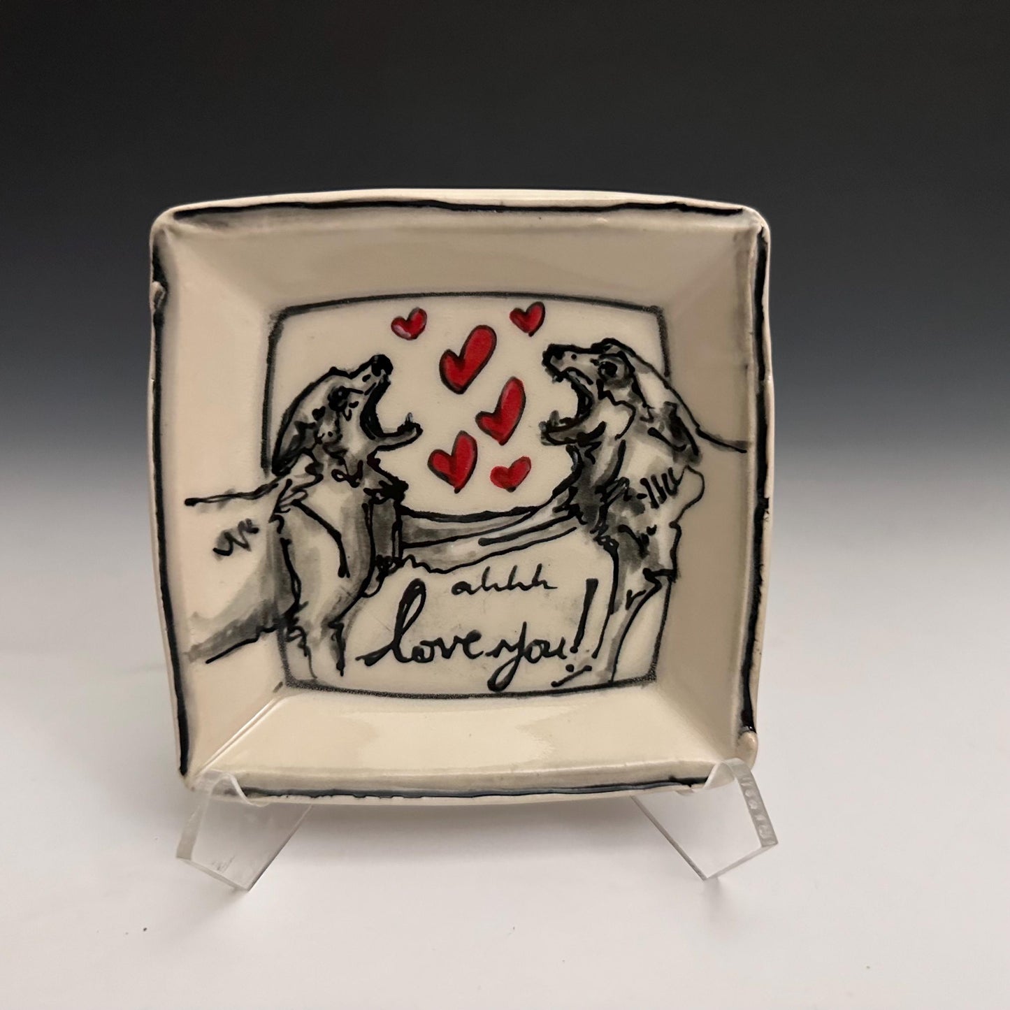 Pottery Tray Ceramic Trinket Dish Bird Pigeon and Red Hearts Rectangular Plate