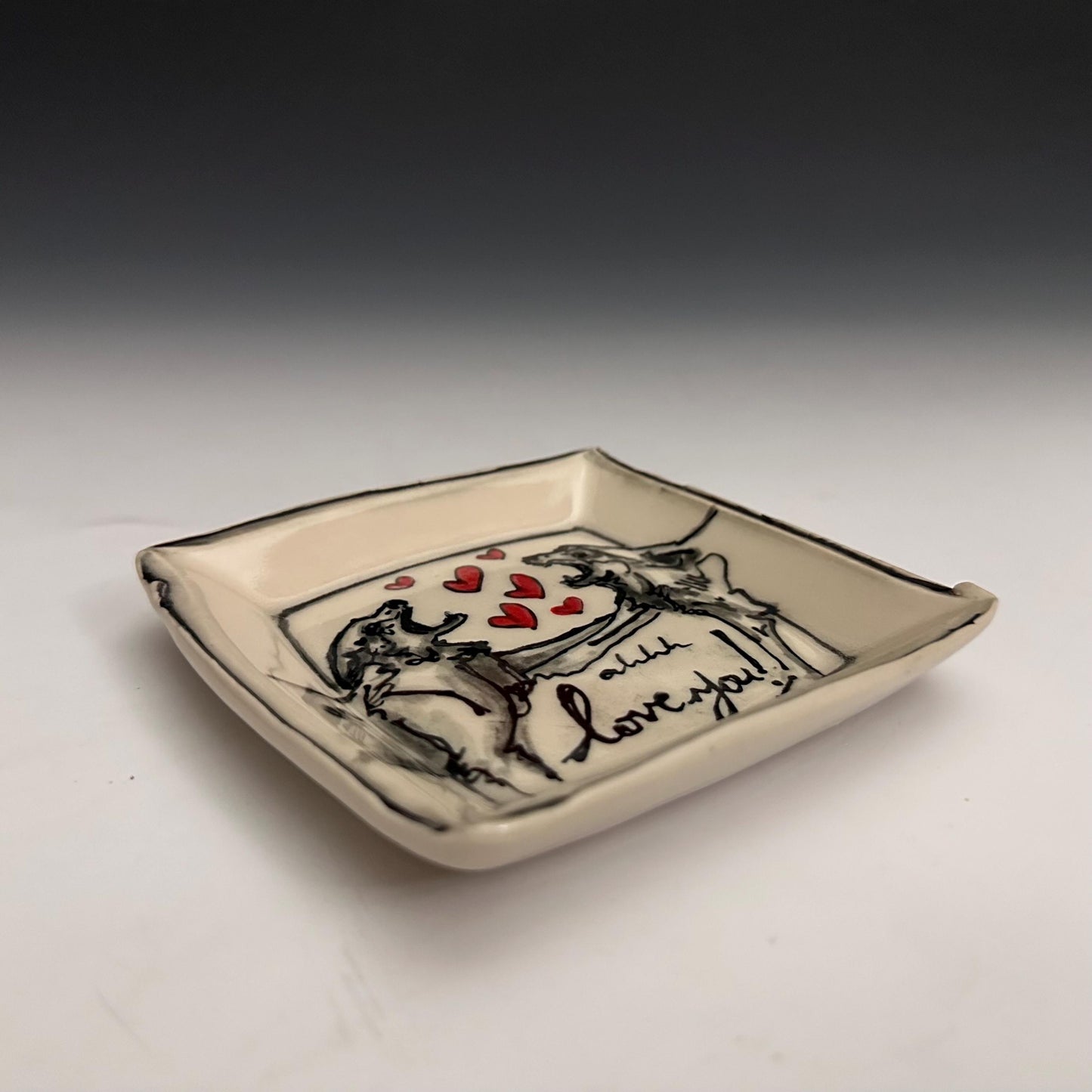 Pottery Tray Ceramic Trinket Dish Bird Pigeon and Red Hearts Rectangular Plate