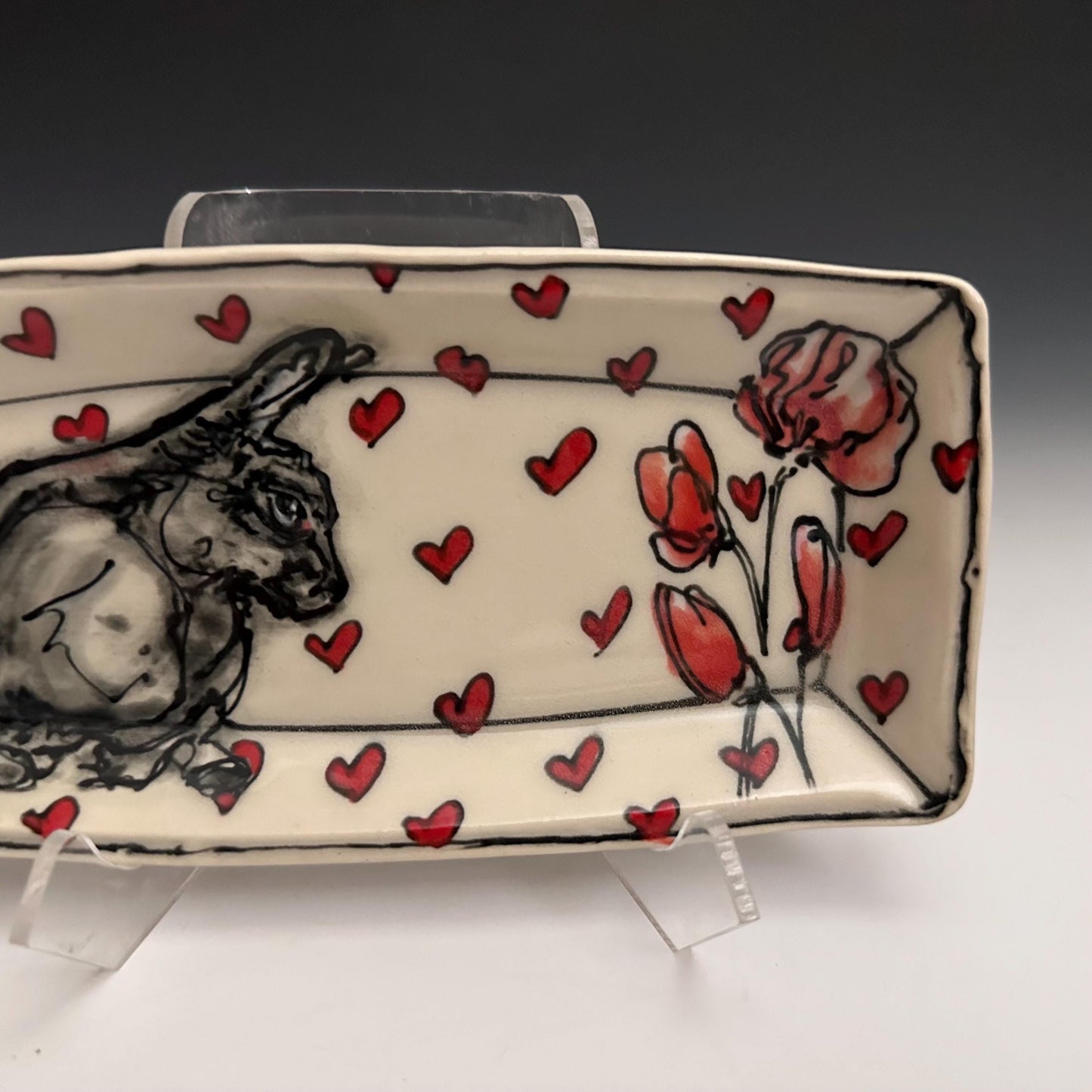 Pottery Tray Ceramic Trinket Dish Bunny Hearts and Red Hearts Rectangular Plate