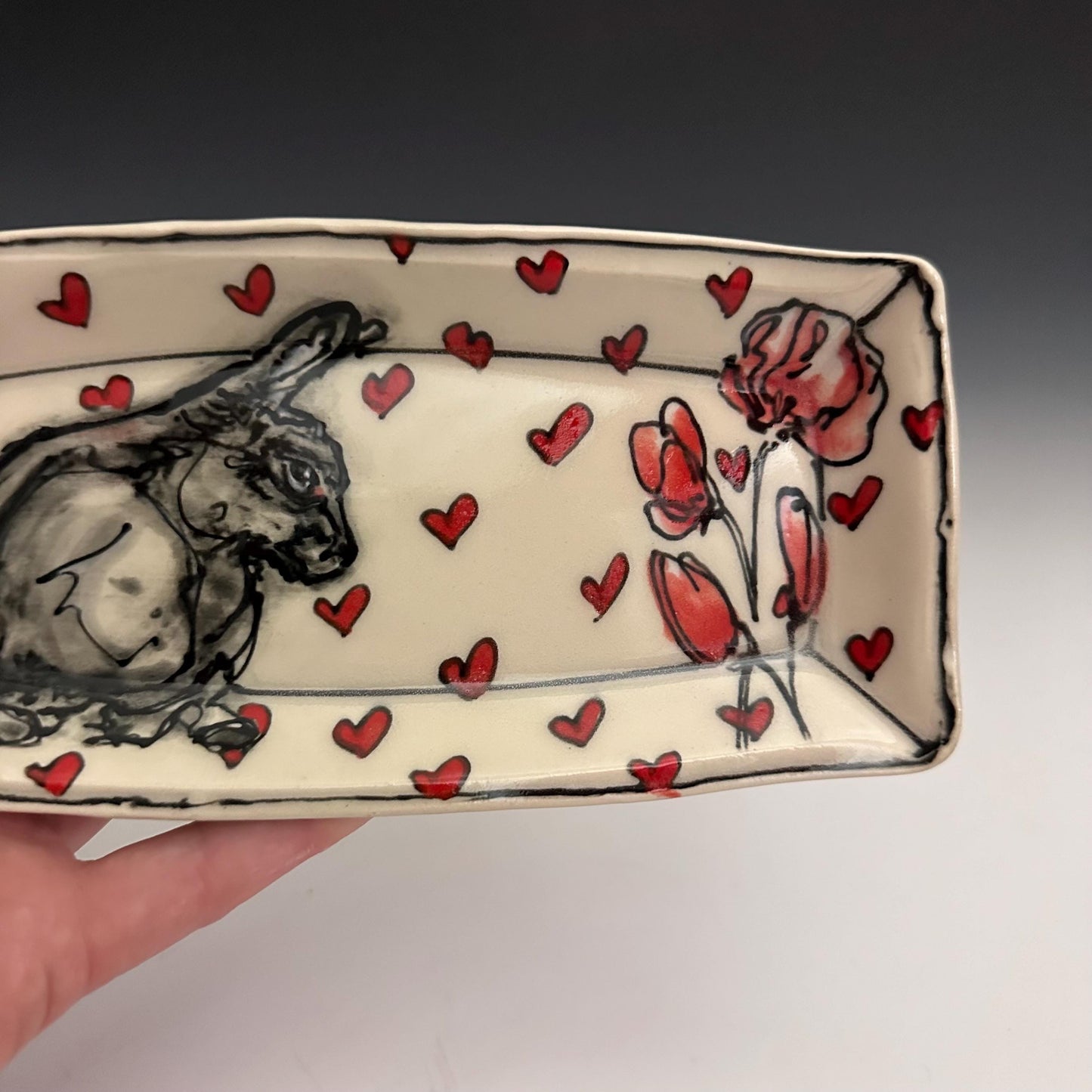 Pottery Tray Ceramic Trinket Dish Bunny Hearts and Red Hearts Rectangular Plate