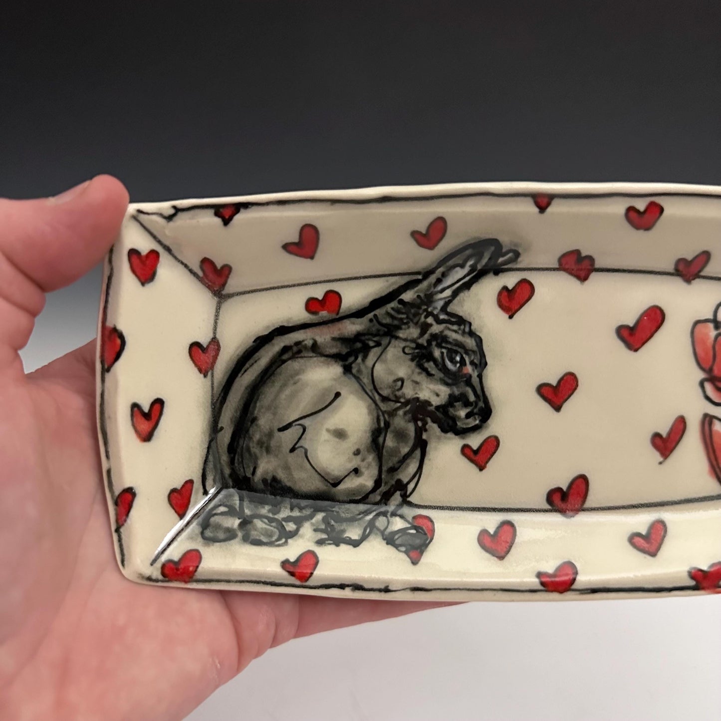 Pottery Tray Ceramic Trinket Dish Bunny Hearts and Red Hearts Rectangular Plate