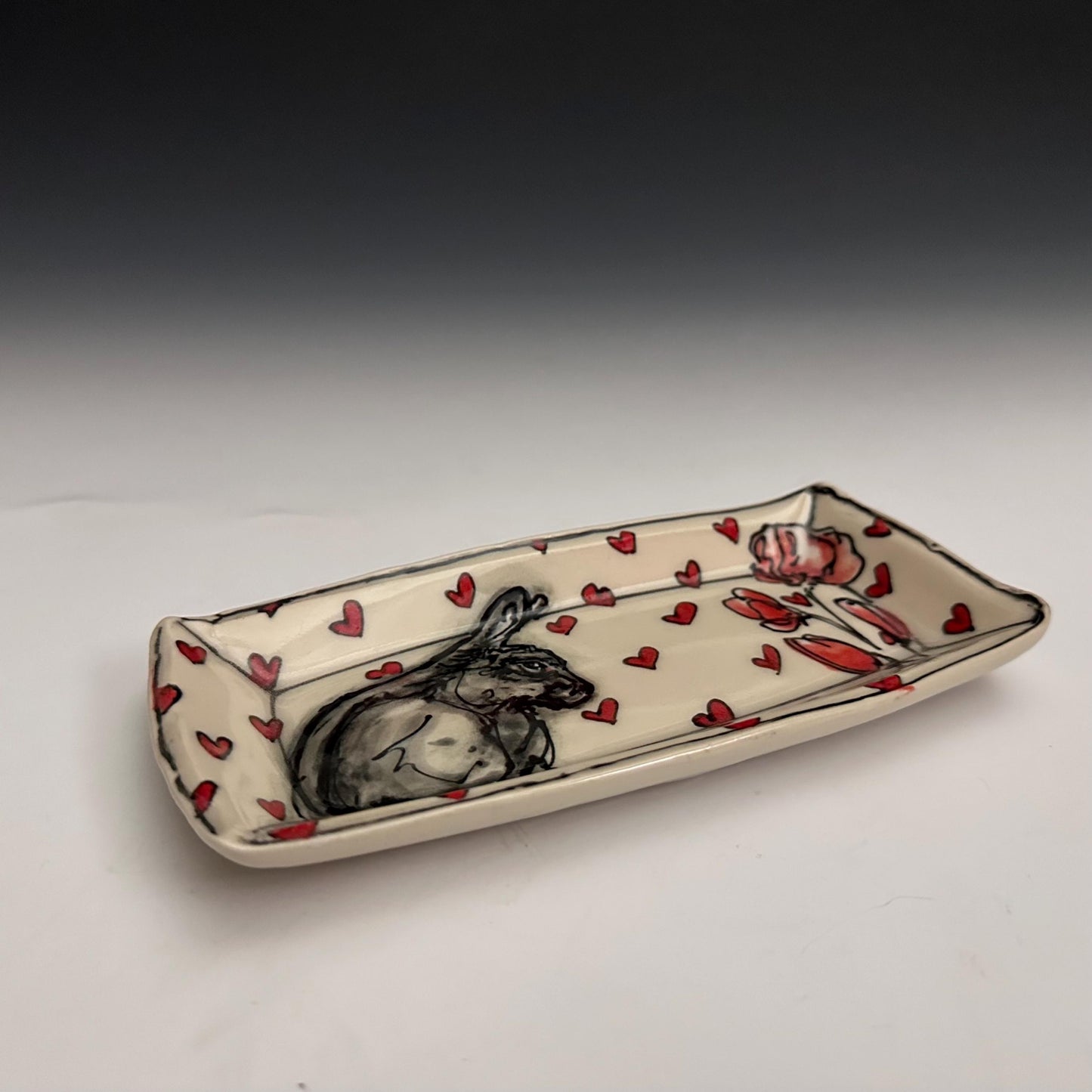 Pottery Tray Ceramic Trinket Dish Bunny Hearts and Red Hearts Rectangular Plate
