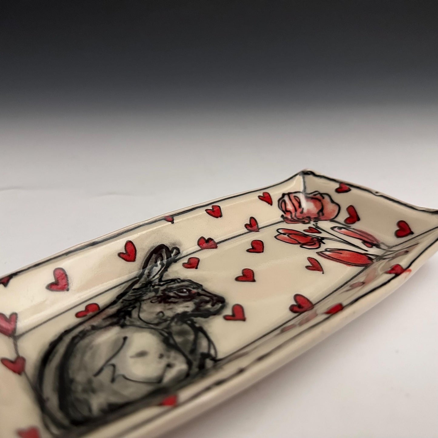 Pottery Tray Ceramic Trinket Dish Bunny Hearts and Red Hearts Rectangular Plate