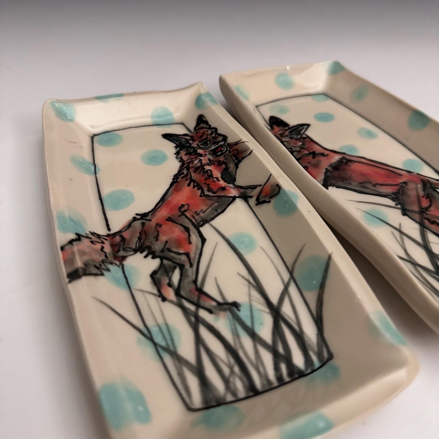 Pottery Tray Ceramic Trinket Dish Bunny Hearts and Red Hearts Rectangular Plate