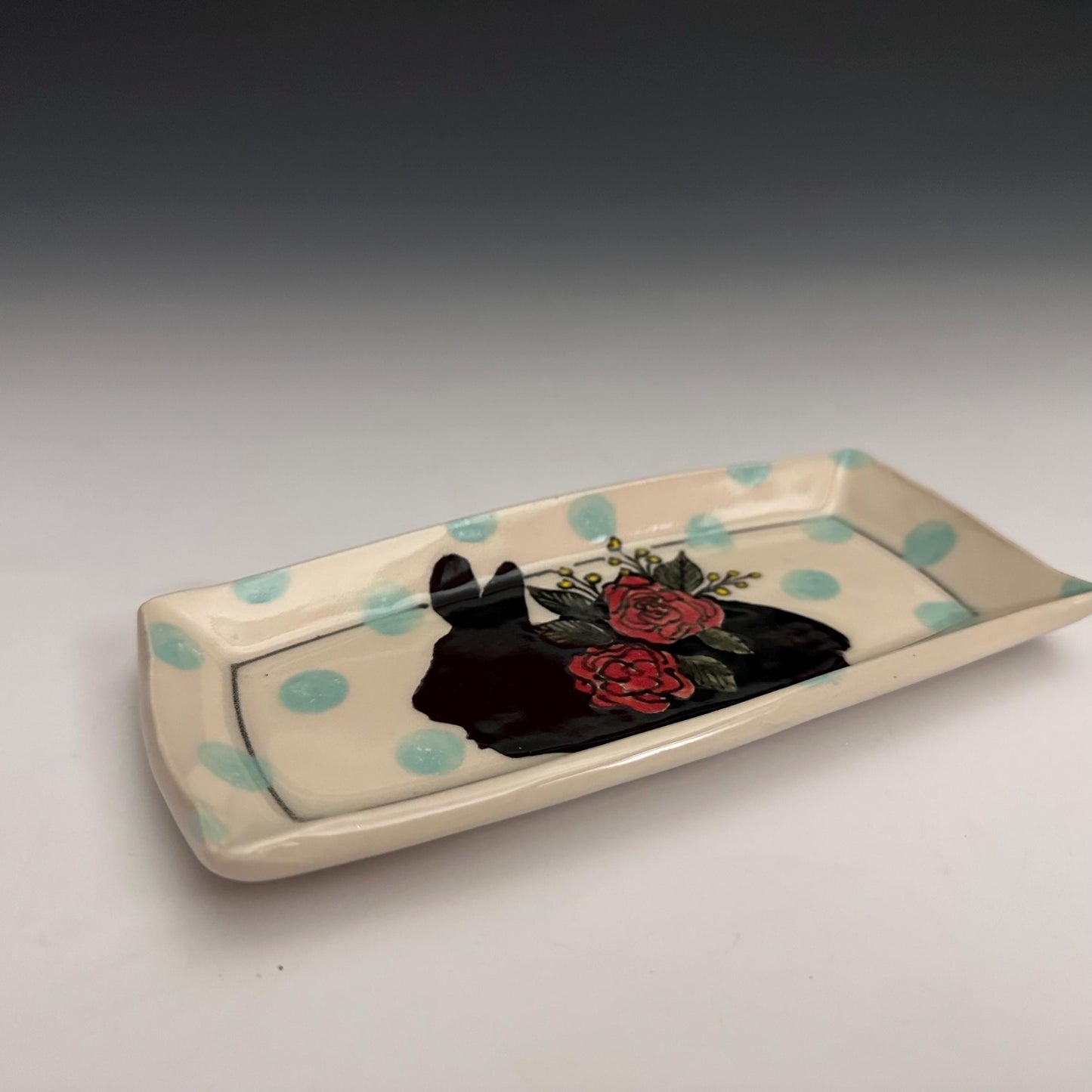 Pottery Tray Ceramic Trinket Dish Bunny Hearts and Red Hearts Rectangular Plate